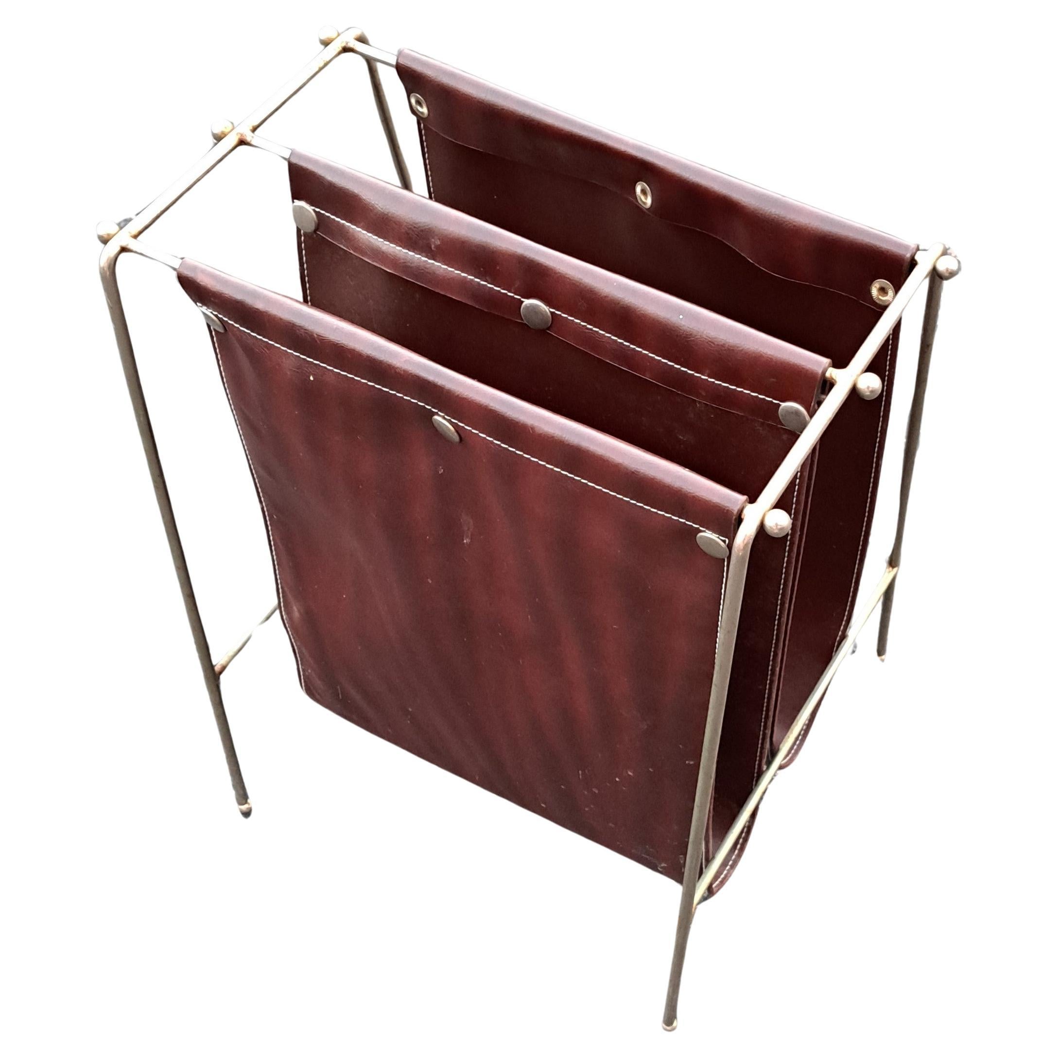 Mid Century Modern Leather and Iron Jacques Adnet Style Magazine Rack For Sale