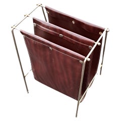 Vintage Mid Century Modern Leather and Iron Jacques Adnet Style Magazine Rack