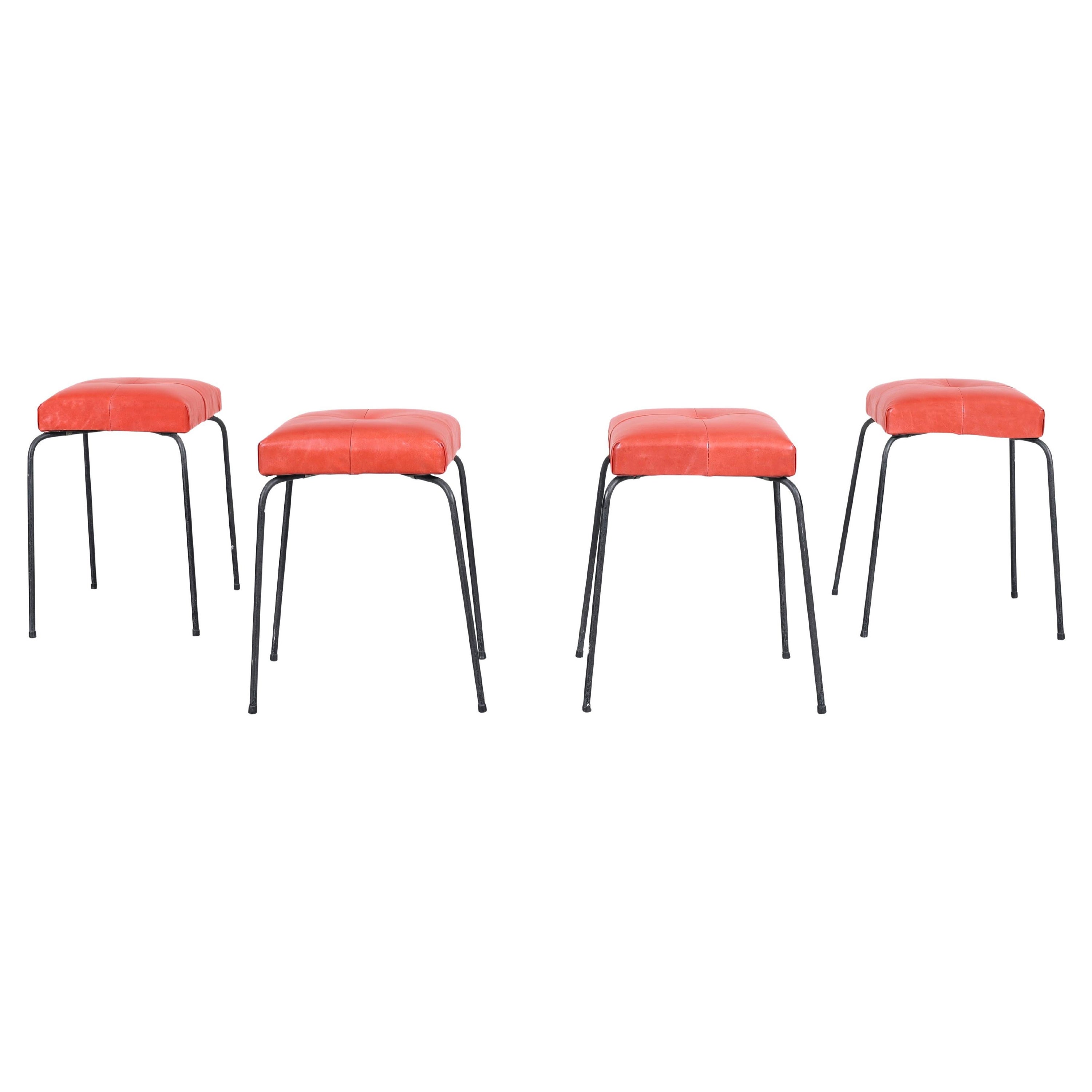 Mid-Century Modern Leather and Iron Stools by Calfran Rattan, 1950s For Sale