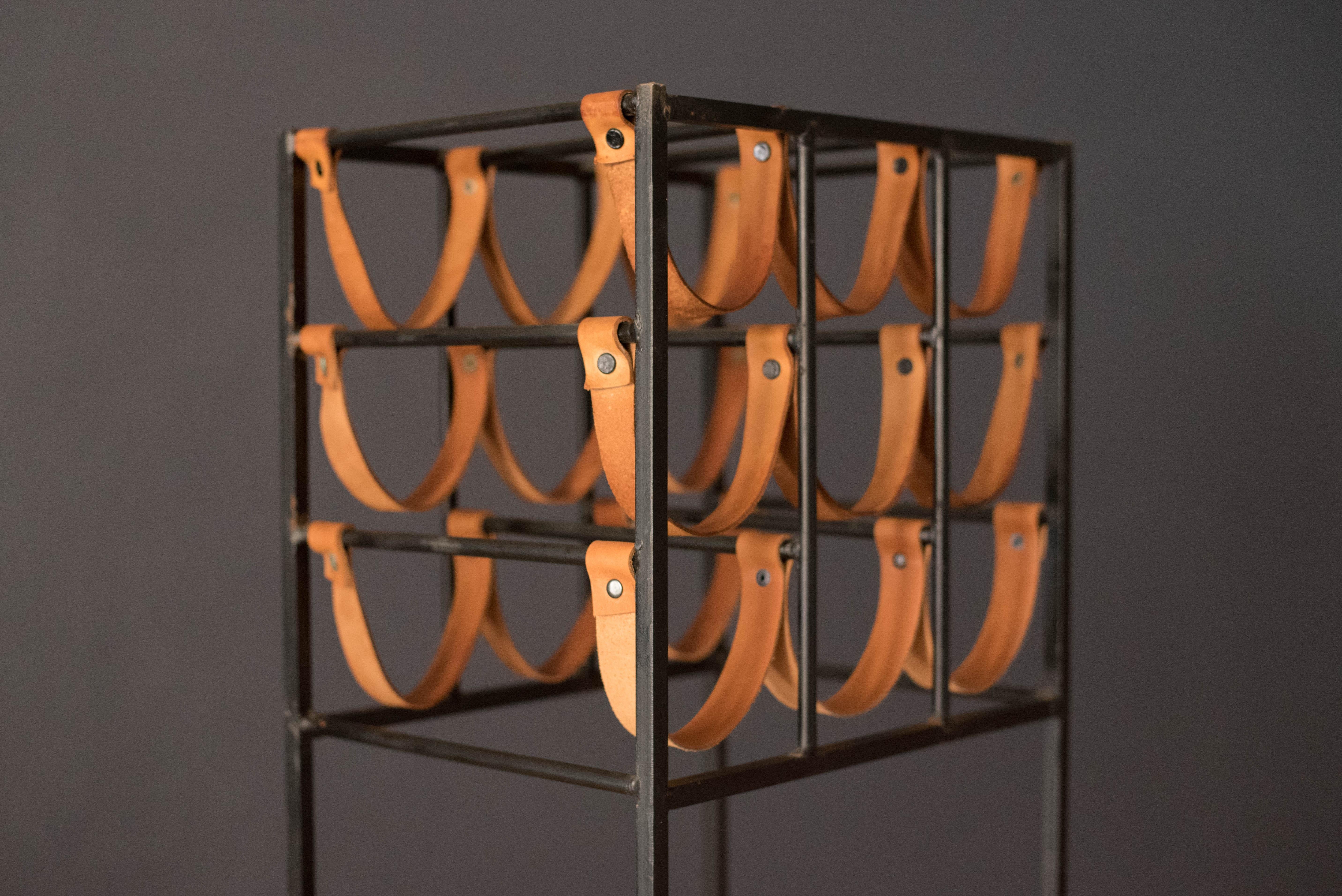 Mid-20th Century Mid-Century Modern Leather and Iron Wine Rack by Arthur Umanoff