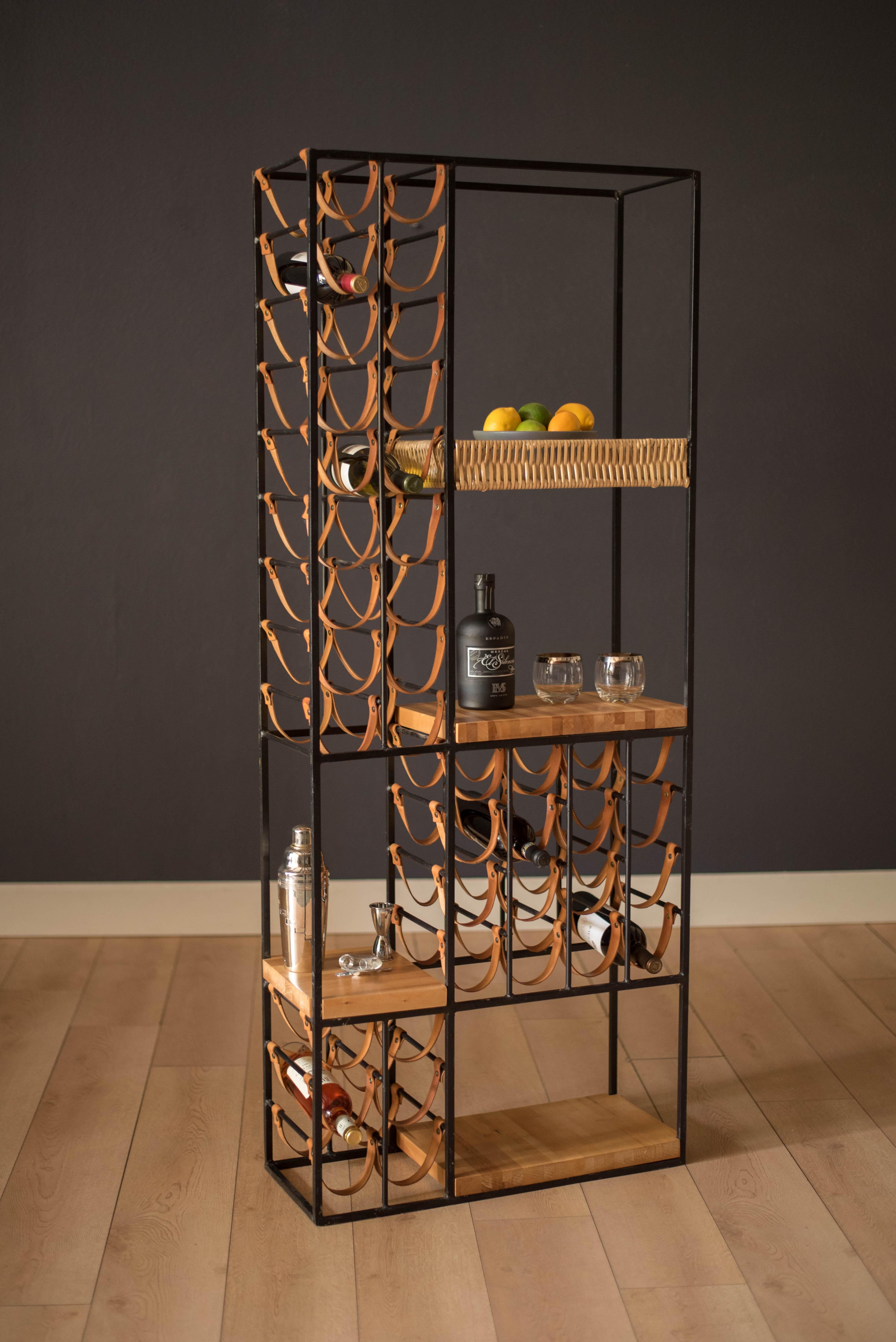 American Mid-Century Modern Leather and Iron Wine Rack Room Divider by Arthur Umanoff