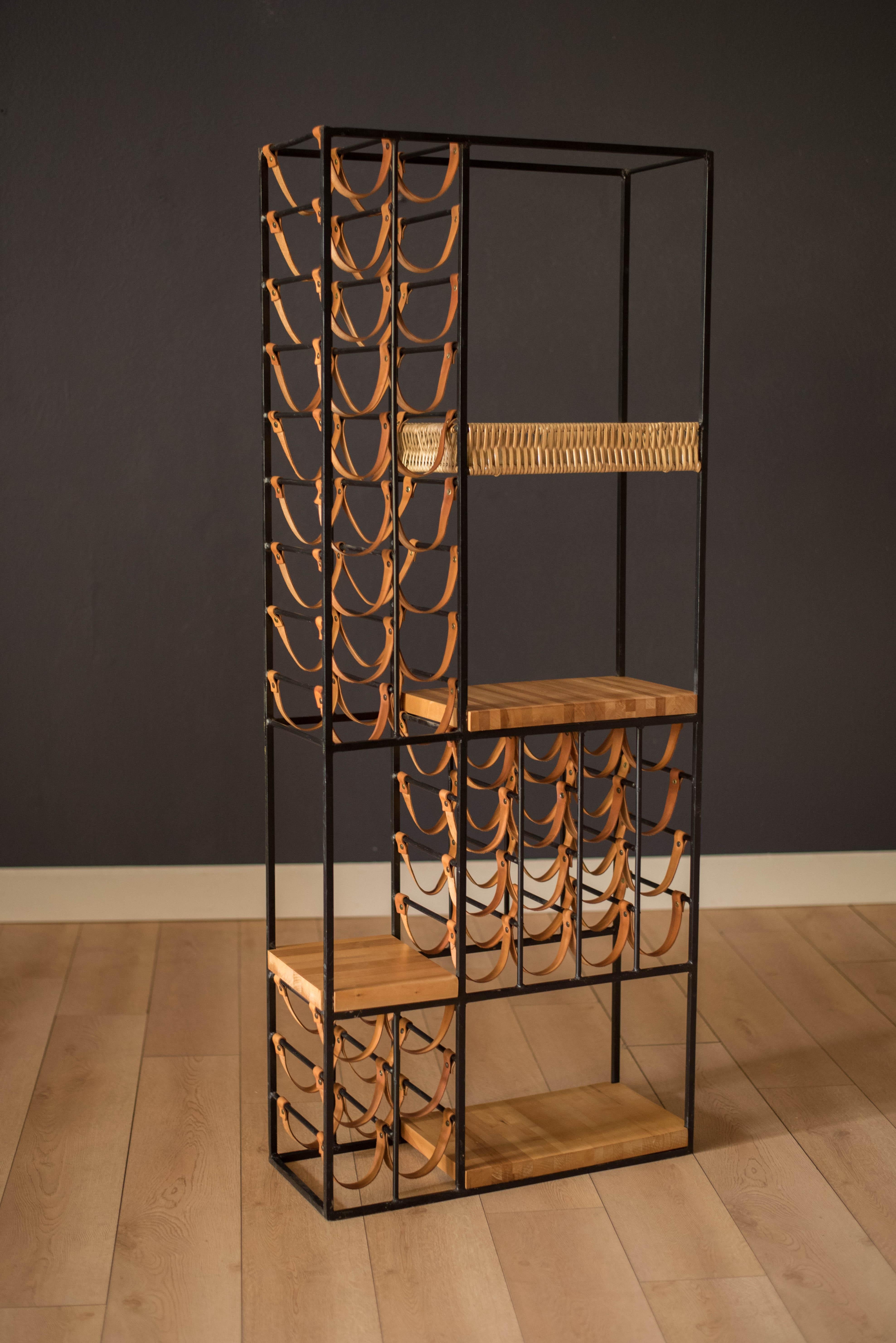 Mid-Century Modern Leather and Iron Wine Rack Room Divider by Arthur Umanoff In Good Condition In San Jose, CA
