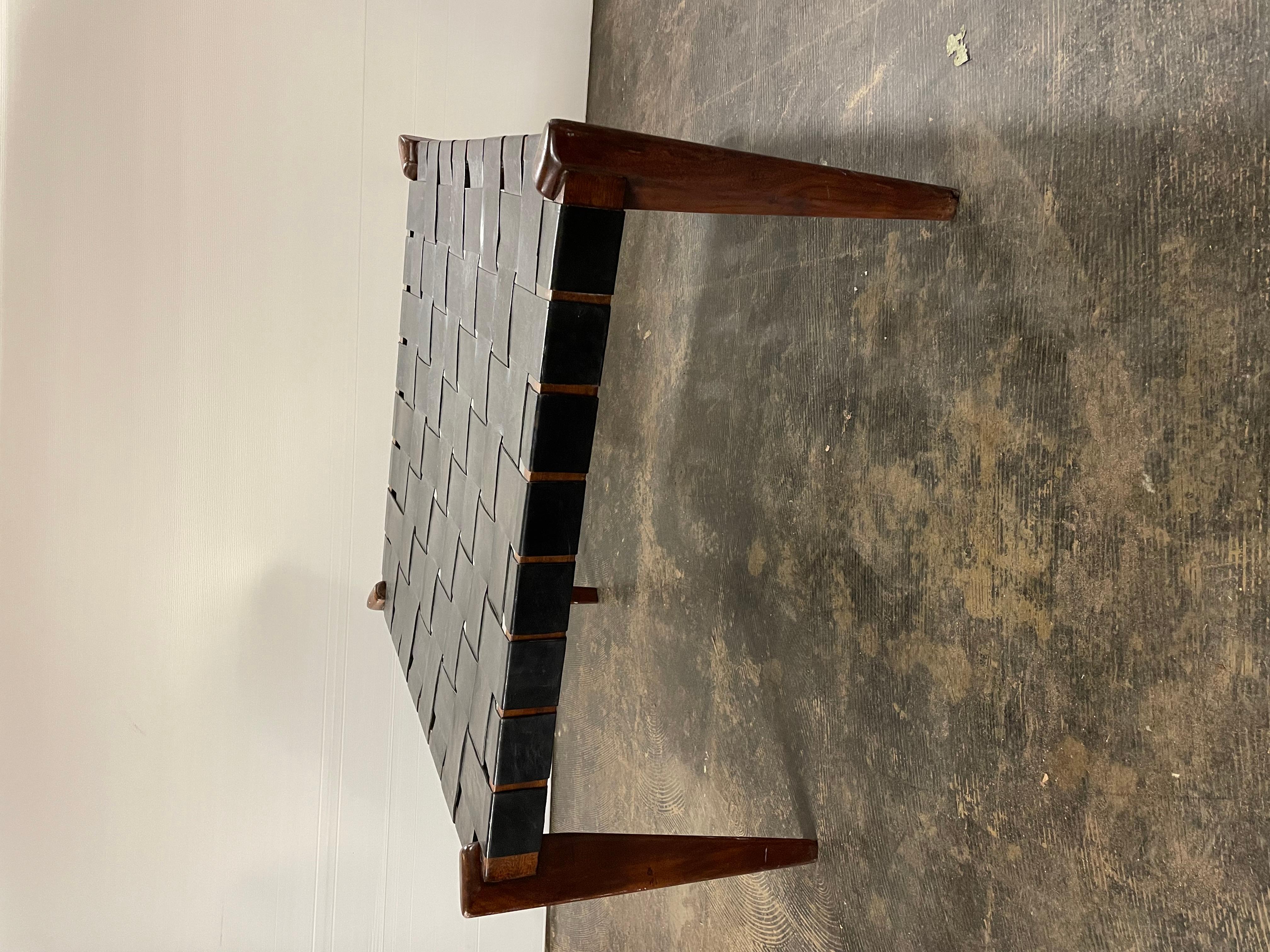 Unique Mid-Century Modern leather and rosewood weave top coffee table.