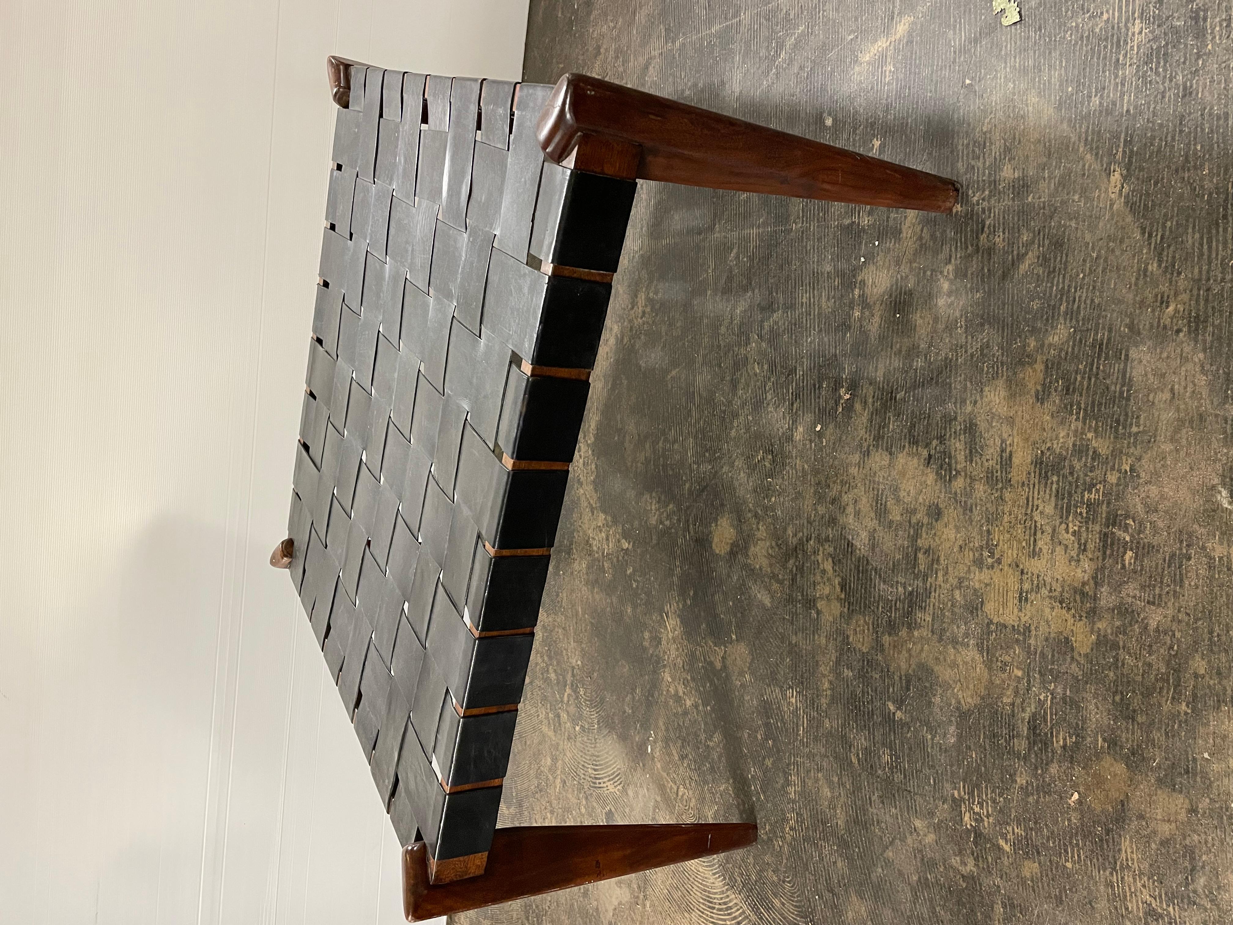 Mid-Century Modern Leather and Rosewood Weave Top Coffee Table For Sale 4
