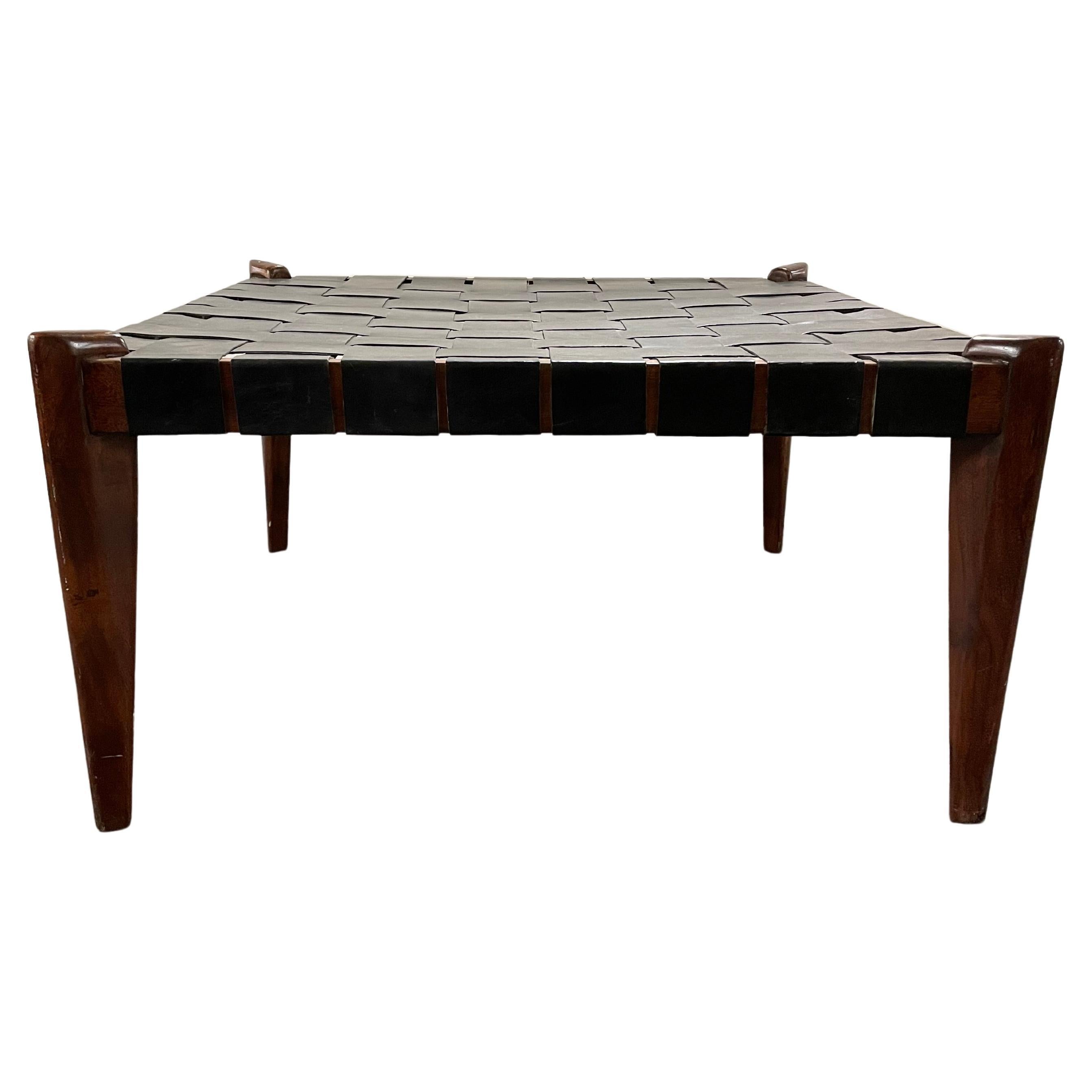 Mid-Century Modern Leather and Rosewood Weave Top Coffee Table For Sale