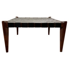 Mid-Century Modern Leather and Rosewood Weave Top Coffee Table