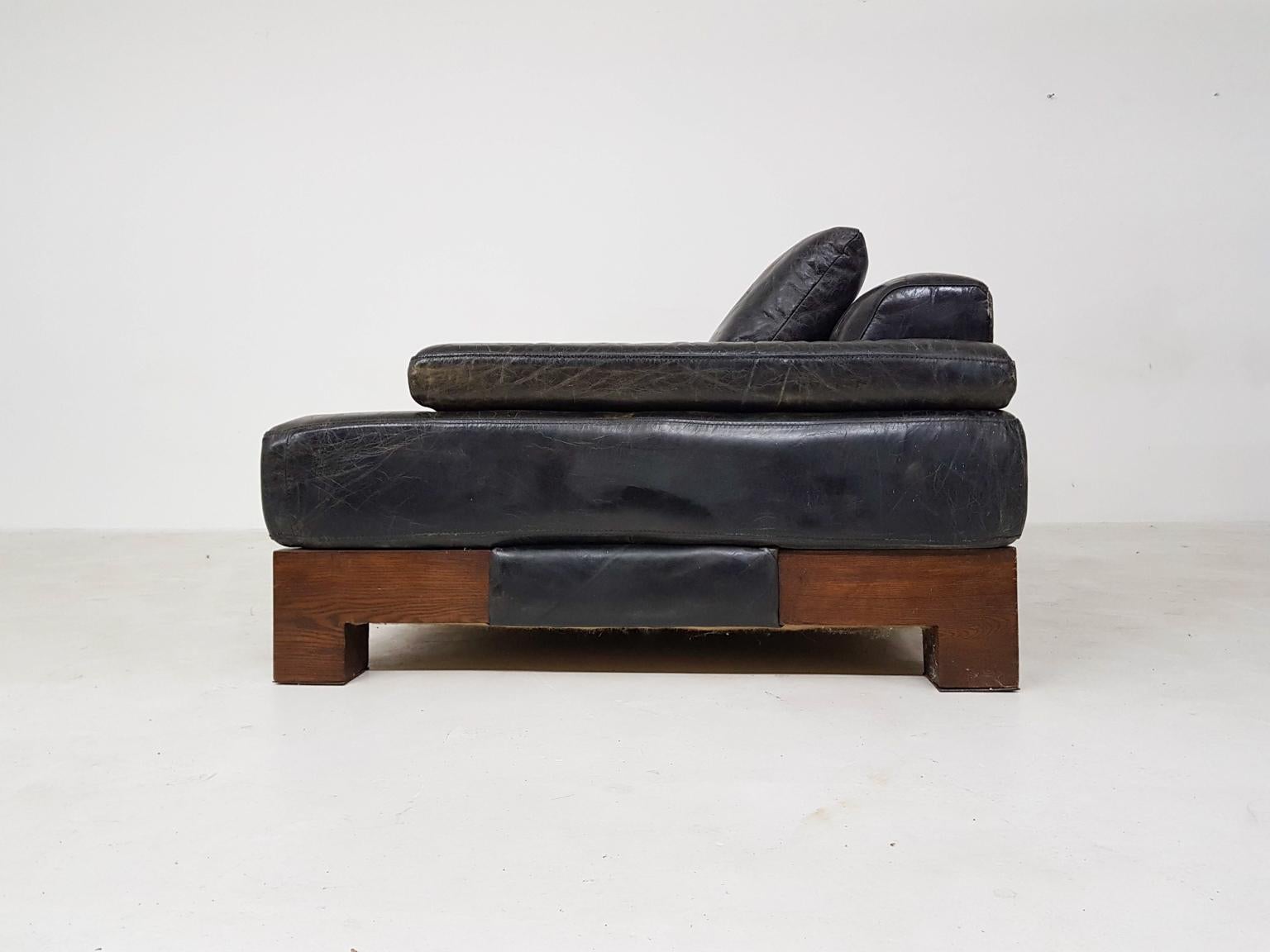 European Mid-Century Modern Leather and Wenge Sofa or Daybed