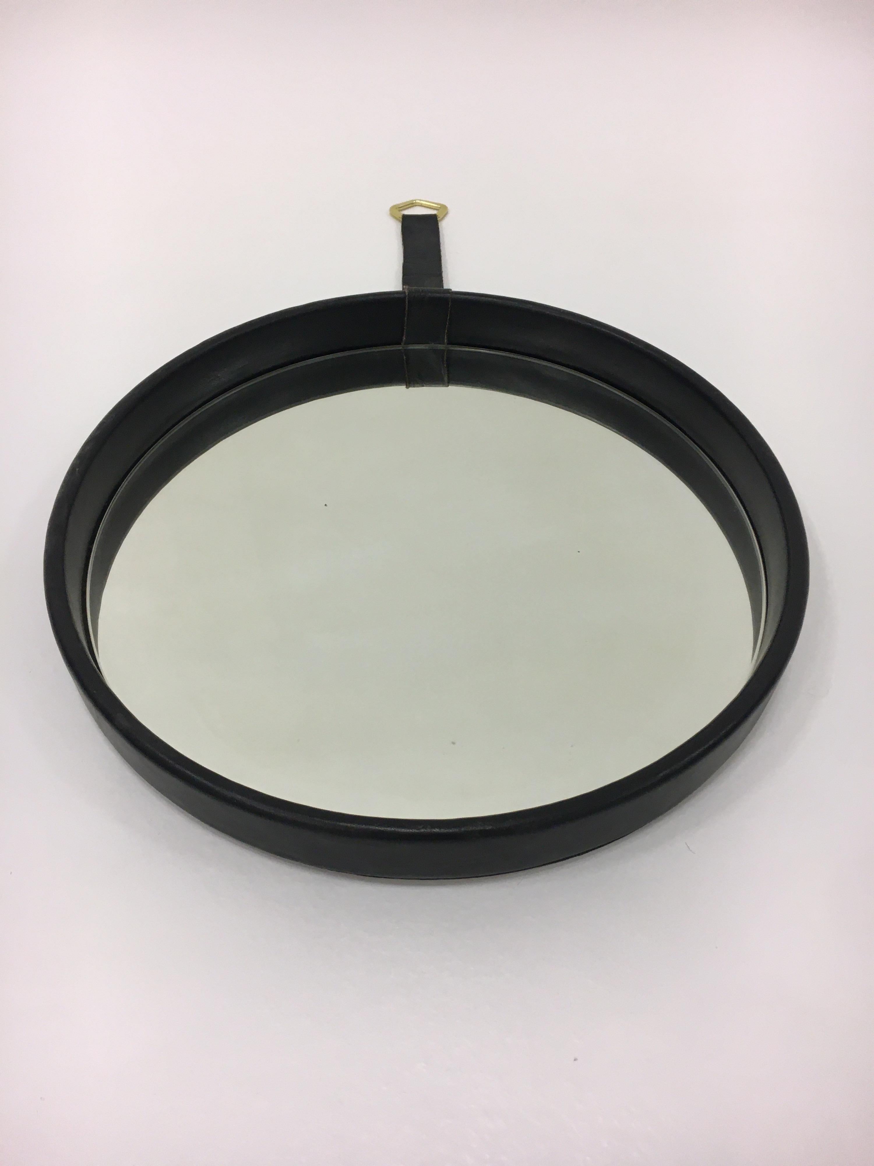 French Mid-Century Modern Leather Bound Wall Mirror, France, 1950s For Sale