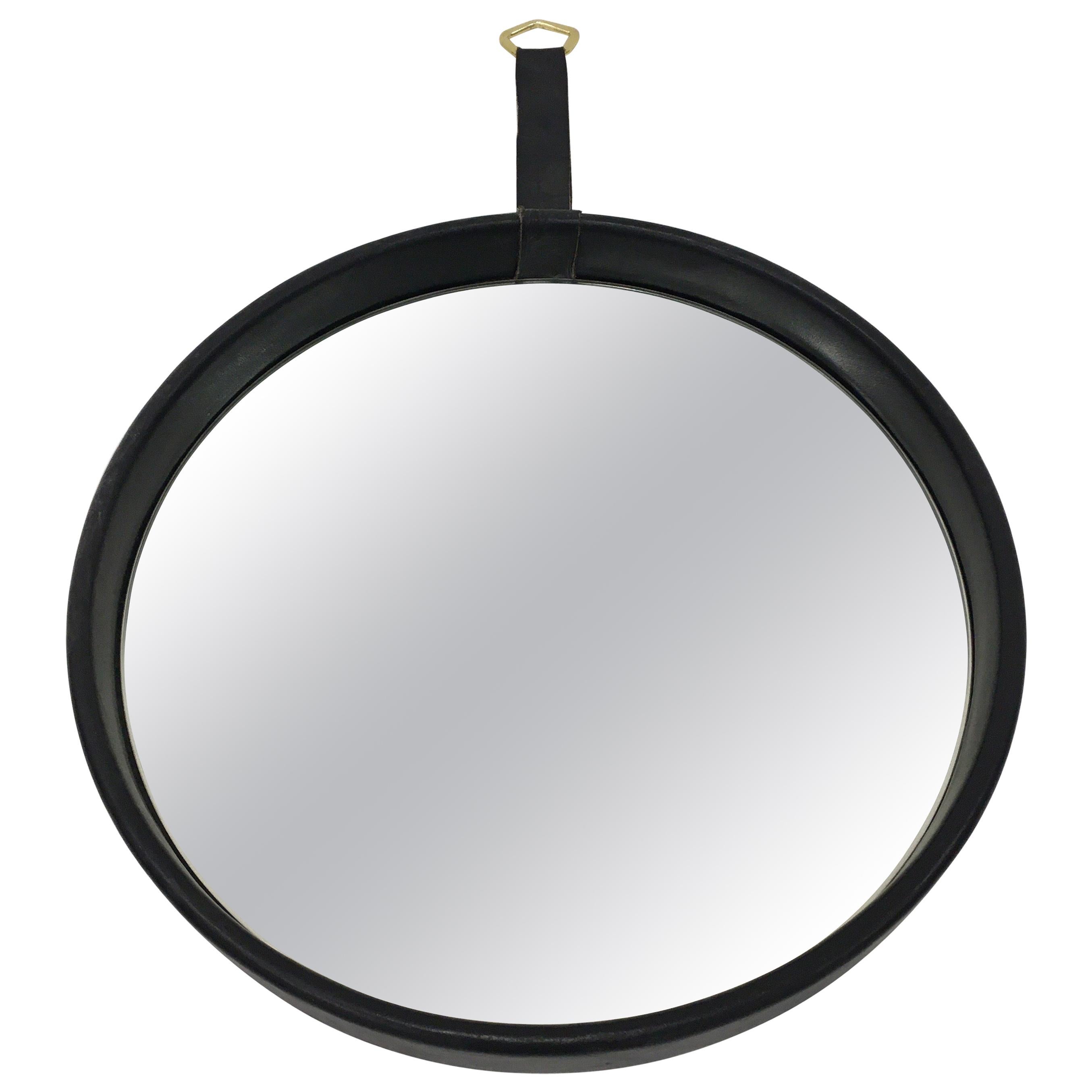 Mid-Century Modern Leather Bound Wall Mirror, France, 1950s For Sale