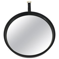 Vintage Mid-Century Modern Leather Bound Wall Mirror, France, 1950s