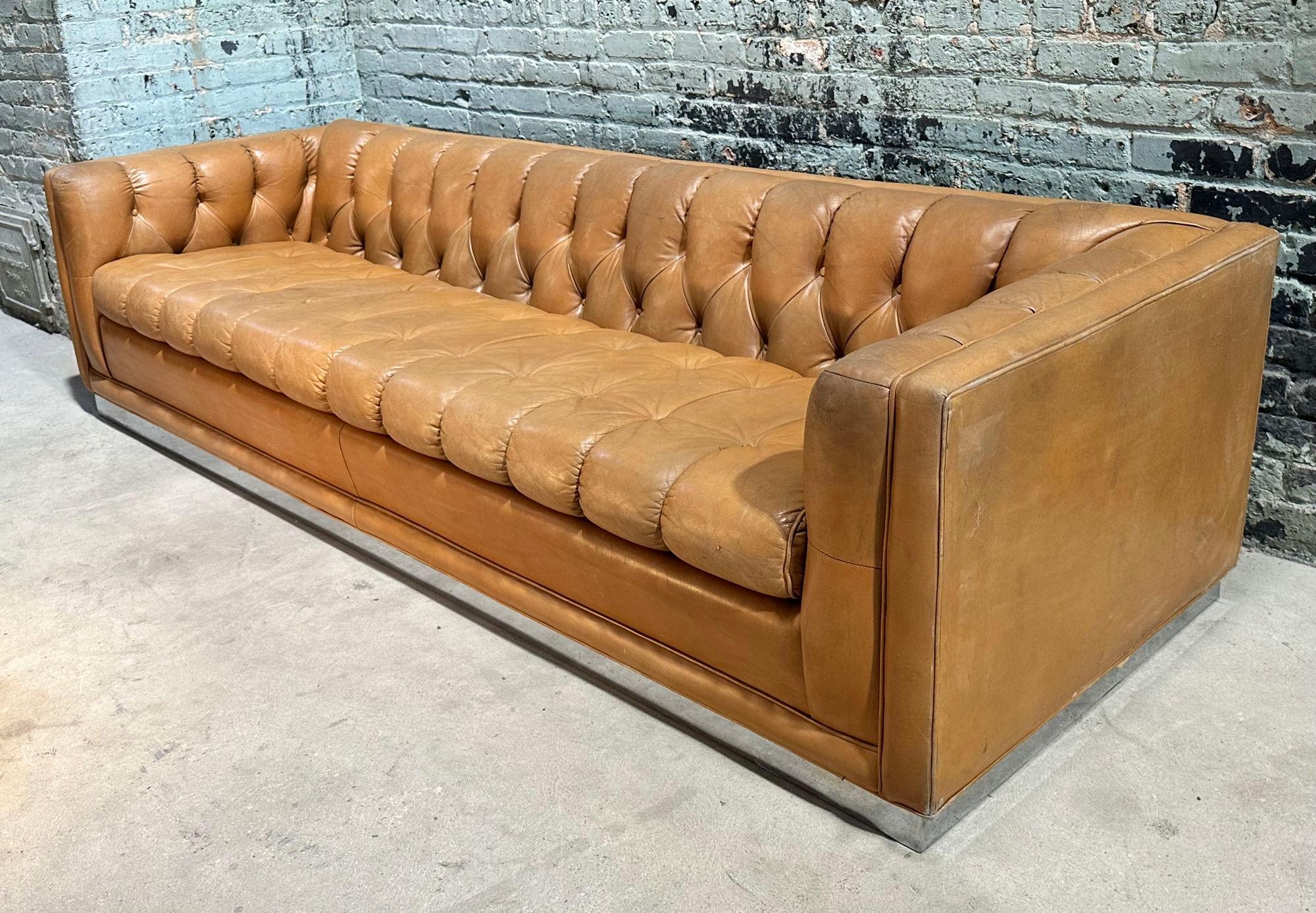Mid-Century Modern Leather Chesterfield Sofa Pair on Chrome Bases 6