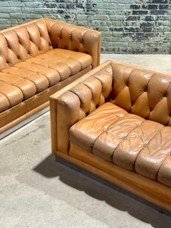 Mid-Century Modern Leather Chesterfield Sofa Pair on Chrome Bases