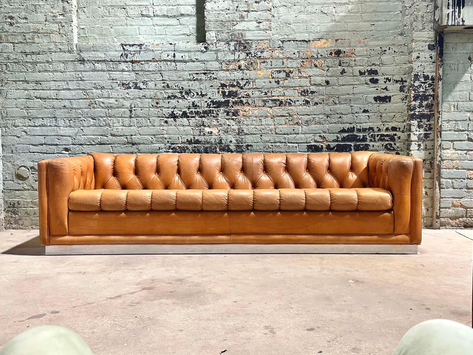 American Mid-Century Modern Leather Chesterfield Sofa Pair on Chrome Bases