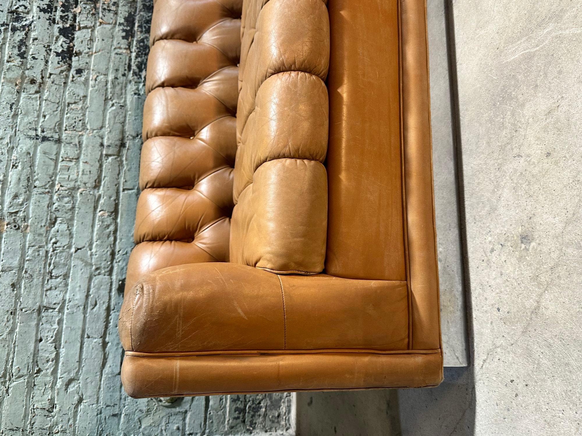 Mid-Century Modern Leather Chesterfield Sofa Pair on Chrome Bases In Good Condition In Chicago, IL