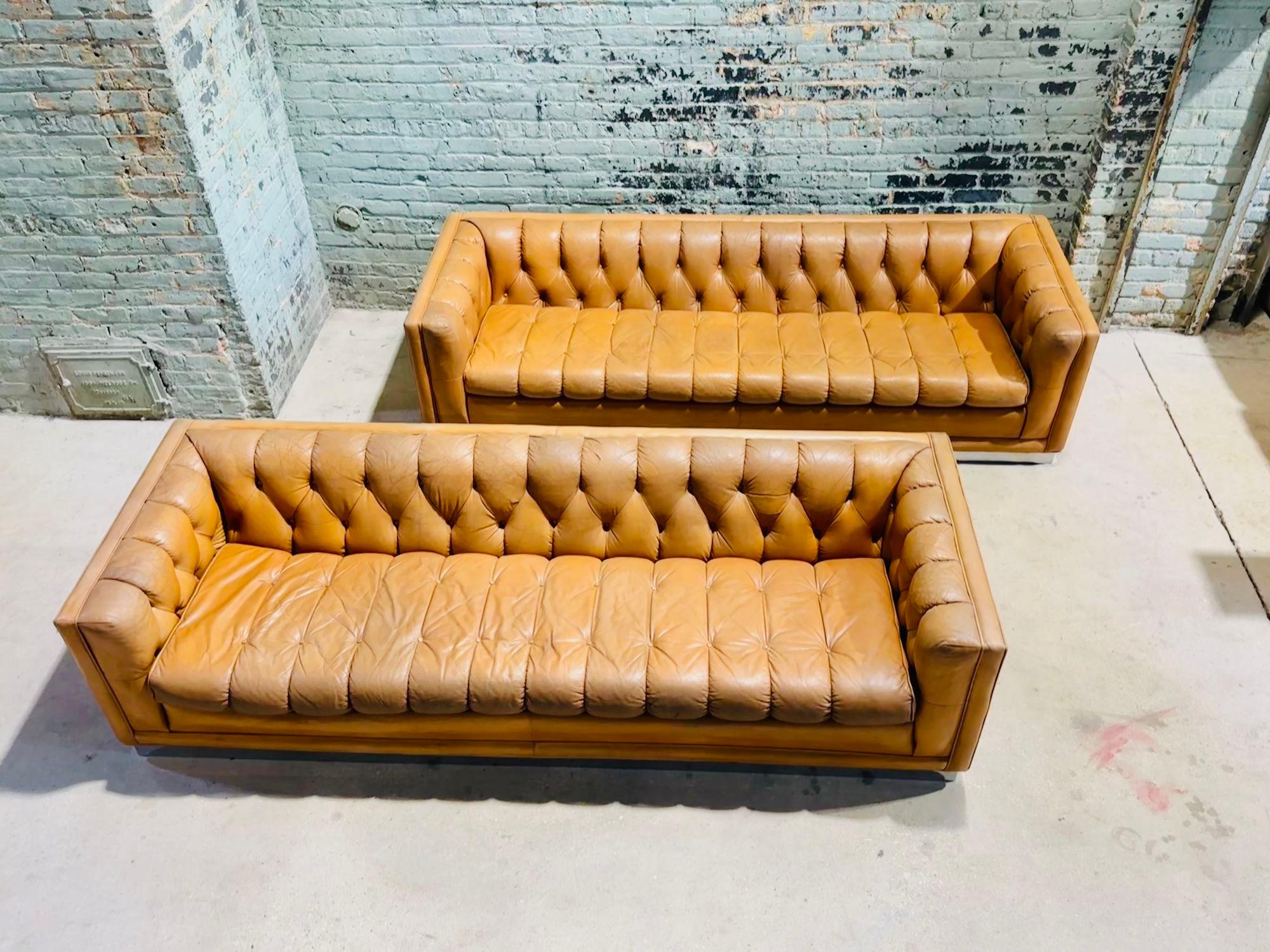Mid-Century Modern Leather Chesterfield Sofa Pair on Chrome Bases 1