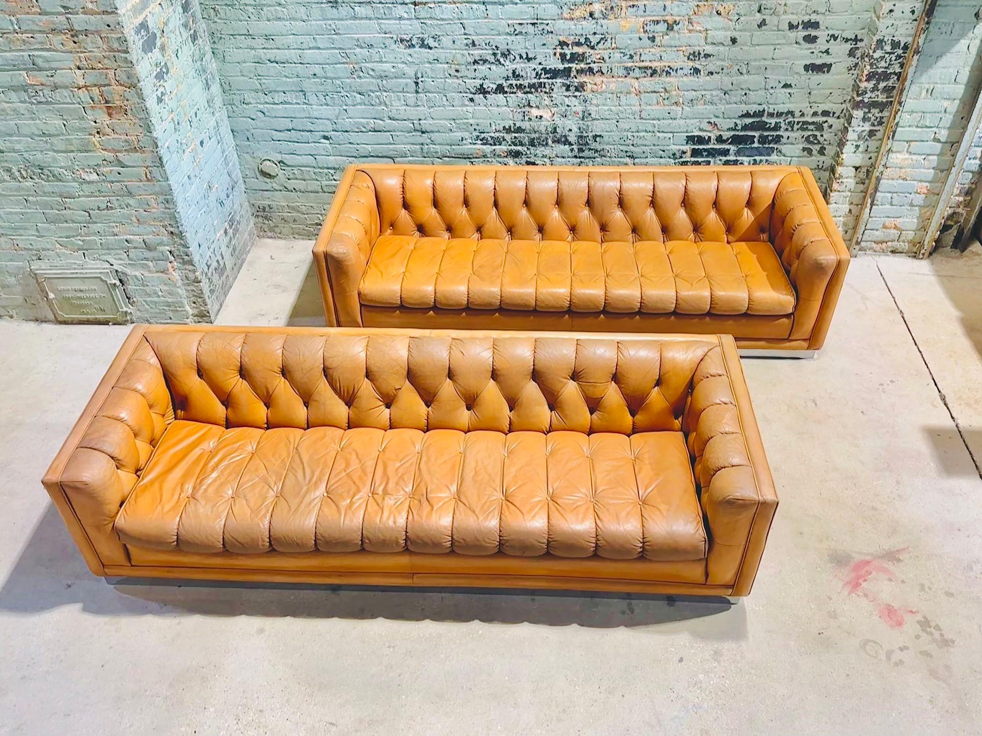 Mid-Century Modern Leather Chesterfield Sofa Pair on Chrome Bases 3