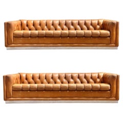 Mid-Century Modern Leather Chesterfield Sofa Pair on Chrome Bases