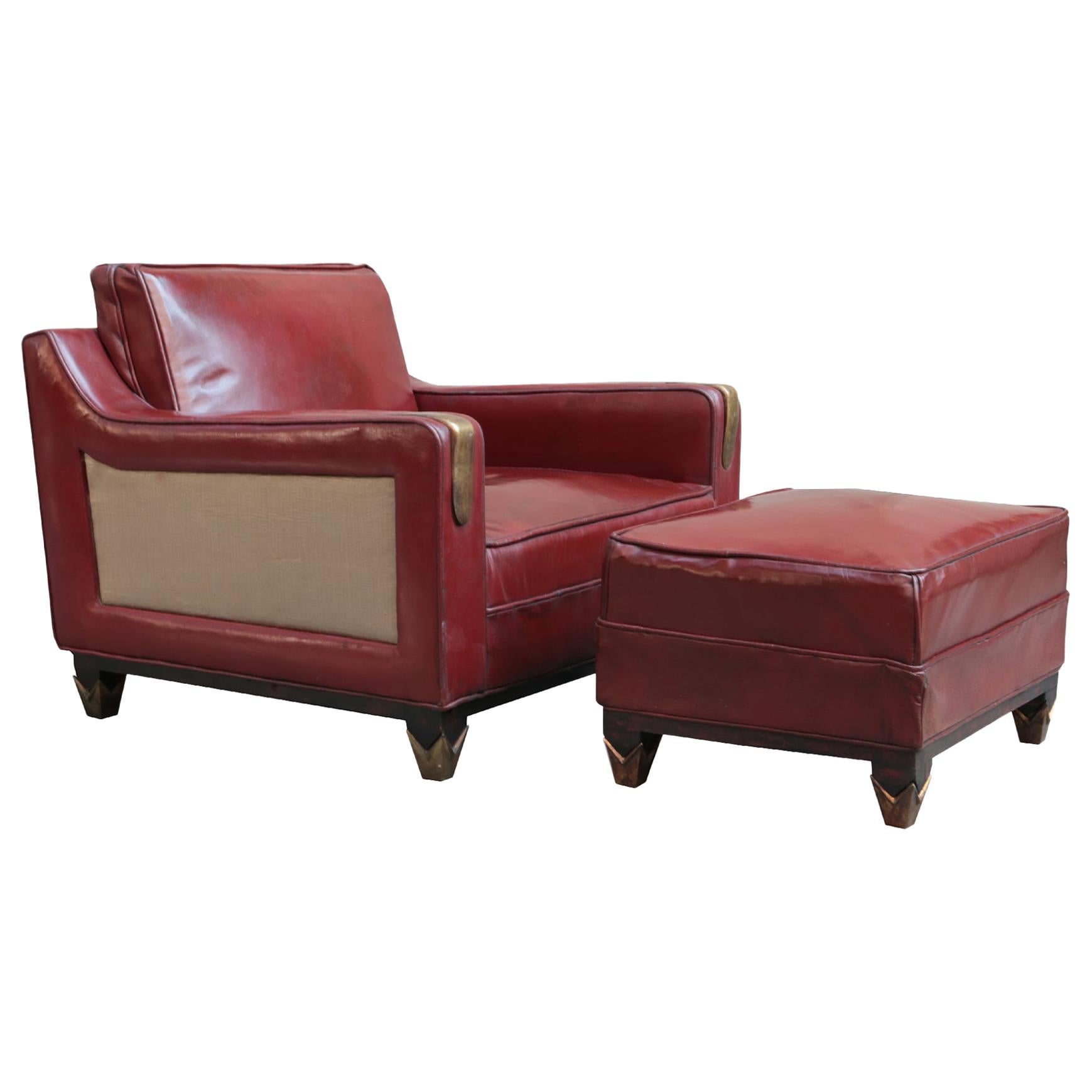 Mid-Century Modern Leather Club Chair with Matching Ottoman