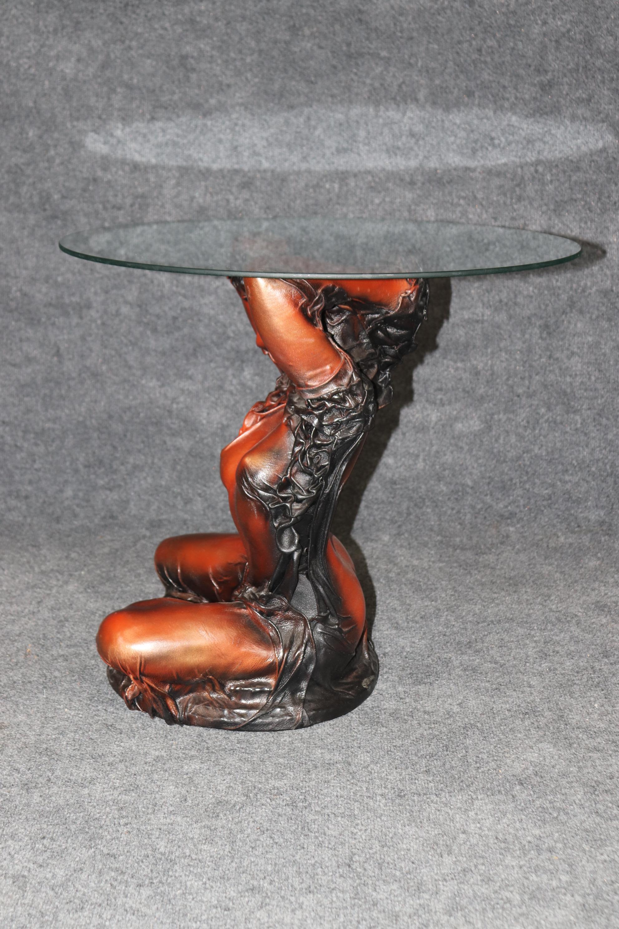 Dimensions - H: 24in W: 23 3/4in D: 23 3/4in 

This Mid Century Modern Leather Glass Top End Table Attr to Daphne Du Barry is a very unique and interesting piece! IF you look at the photos provided you will see the attention to detail within the