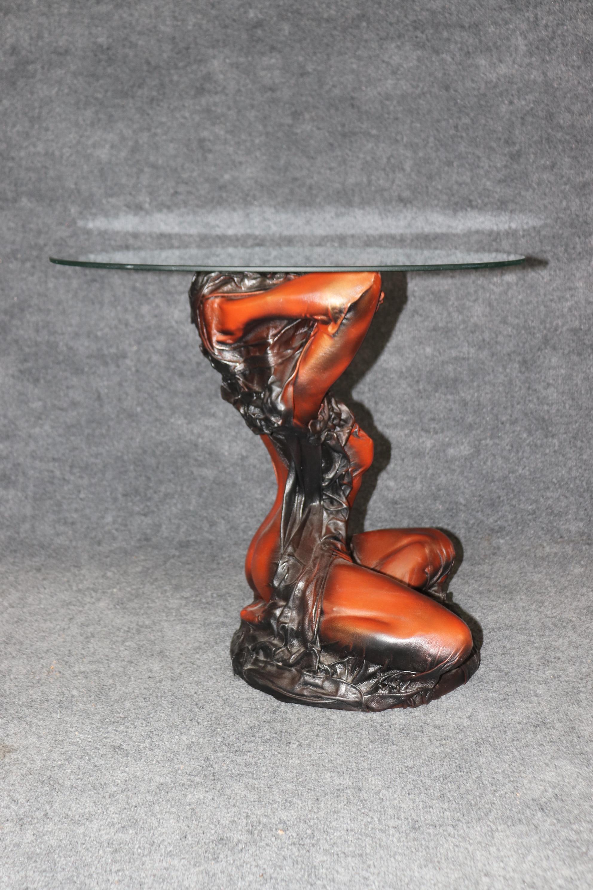 Dutch Mid Century Modern Leather Glass Top End Table Attr to Daphne Du Barry For Sale
