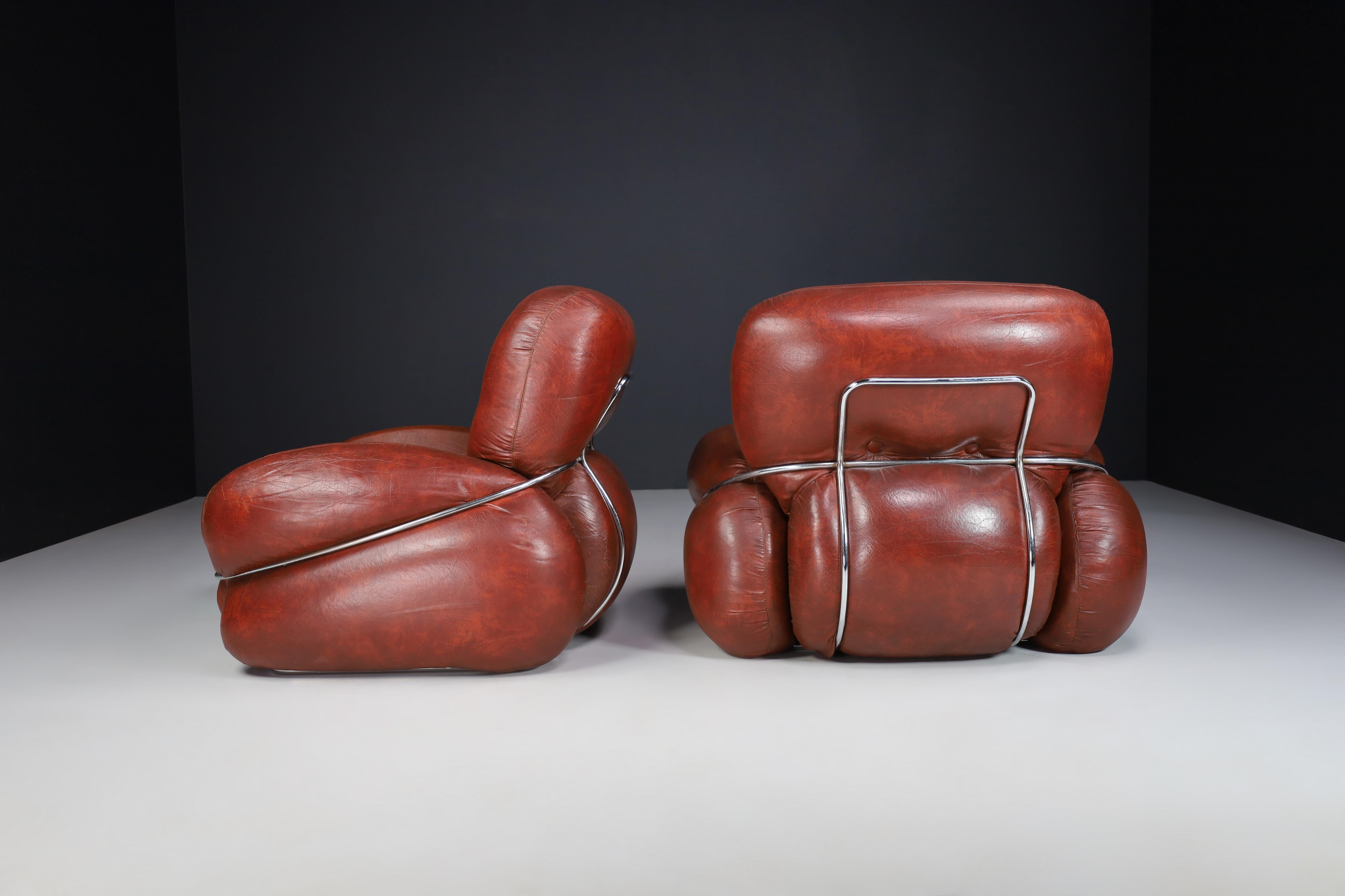 Italian Mid-Century Modern Leather Lounge / Armchairs by Adriano Piazzesi, Italy 1970s For Sale