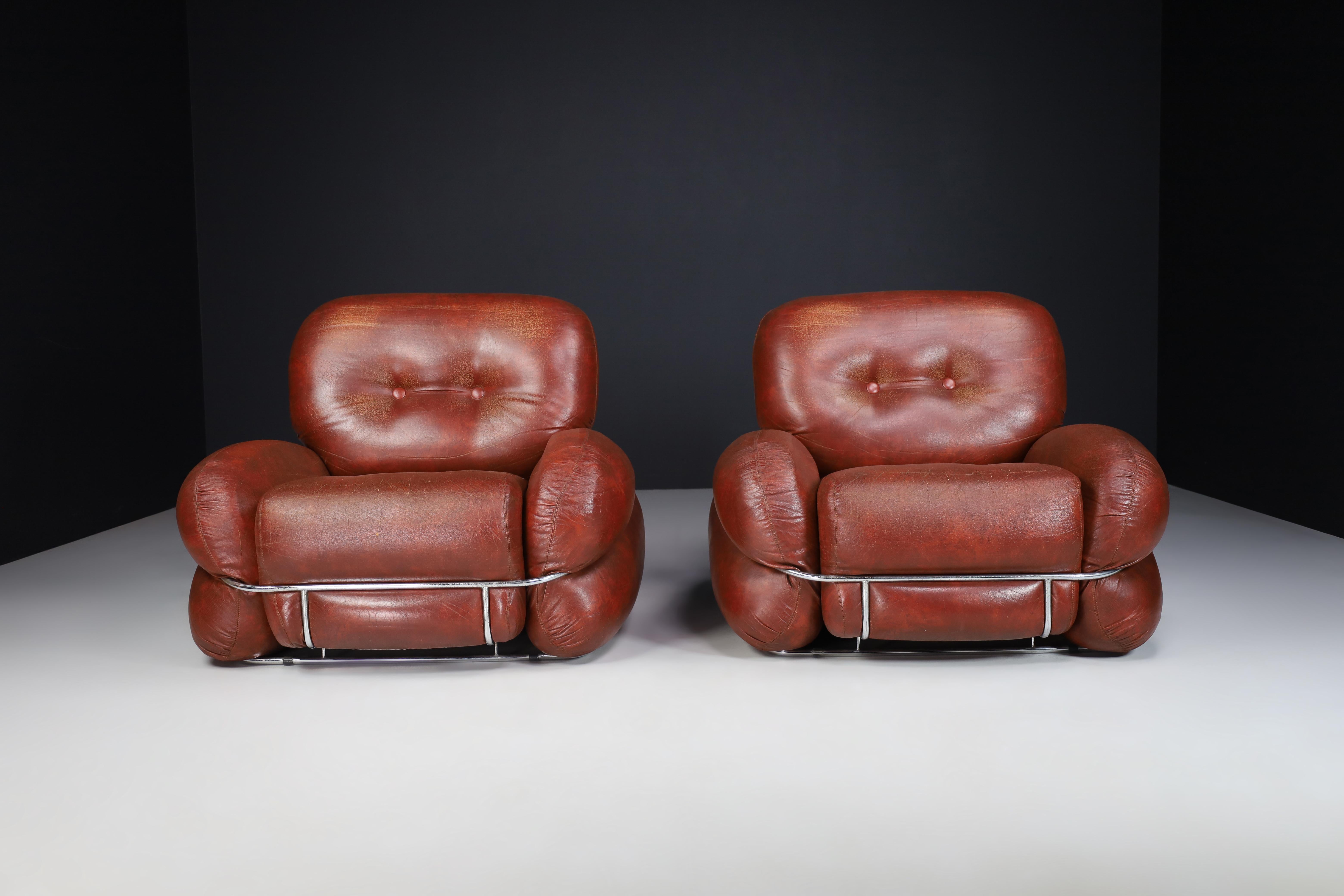 20th Century Mid-Century Modern Leather Lounge / Armchairs by Adriano Piazzesi, Italy 1970s For Sale