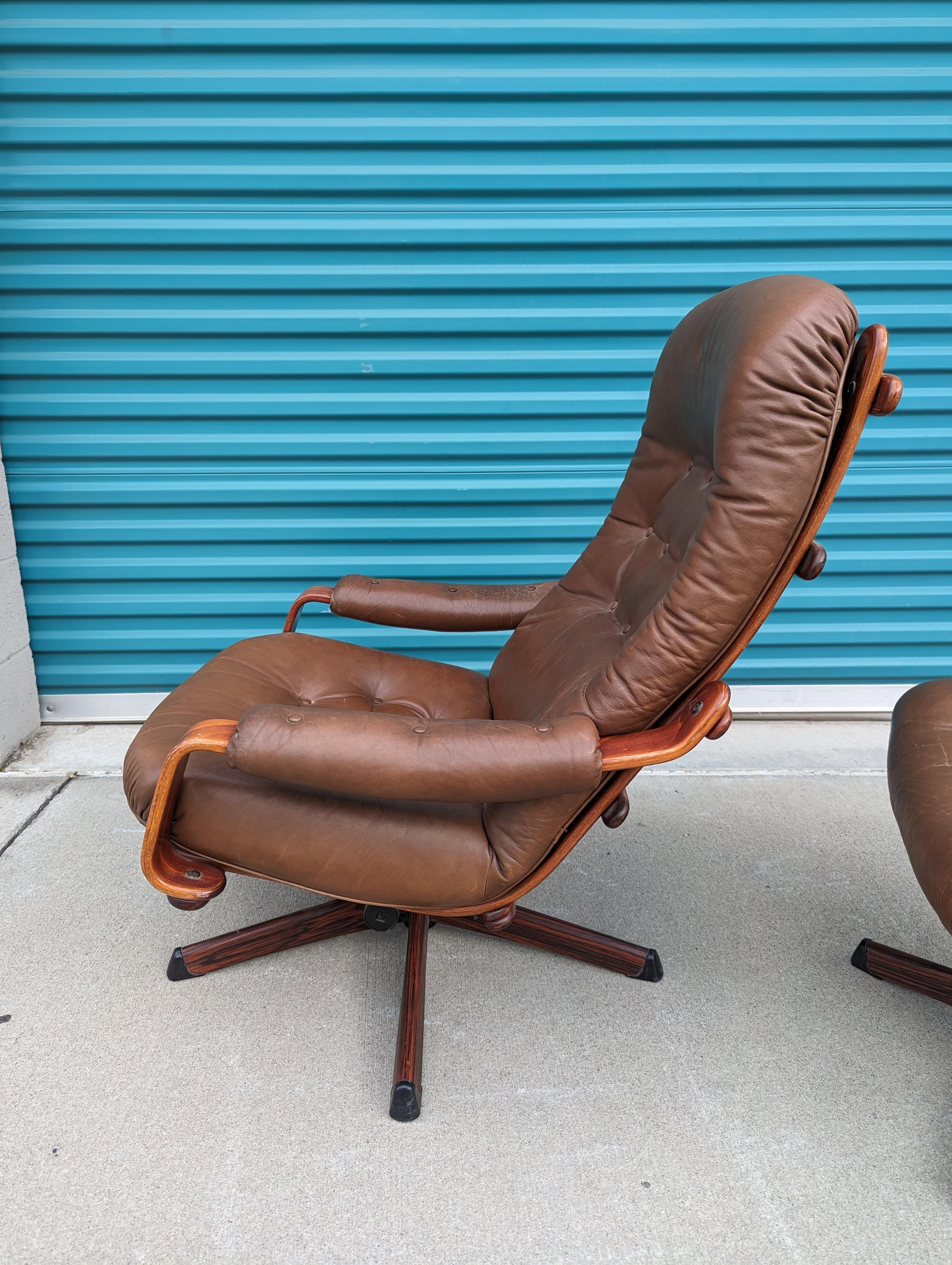 Metal Mid Century Modern Leather Lounge Chairs w/ Ottoman by Göte Möbler, c1970s