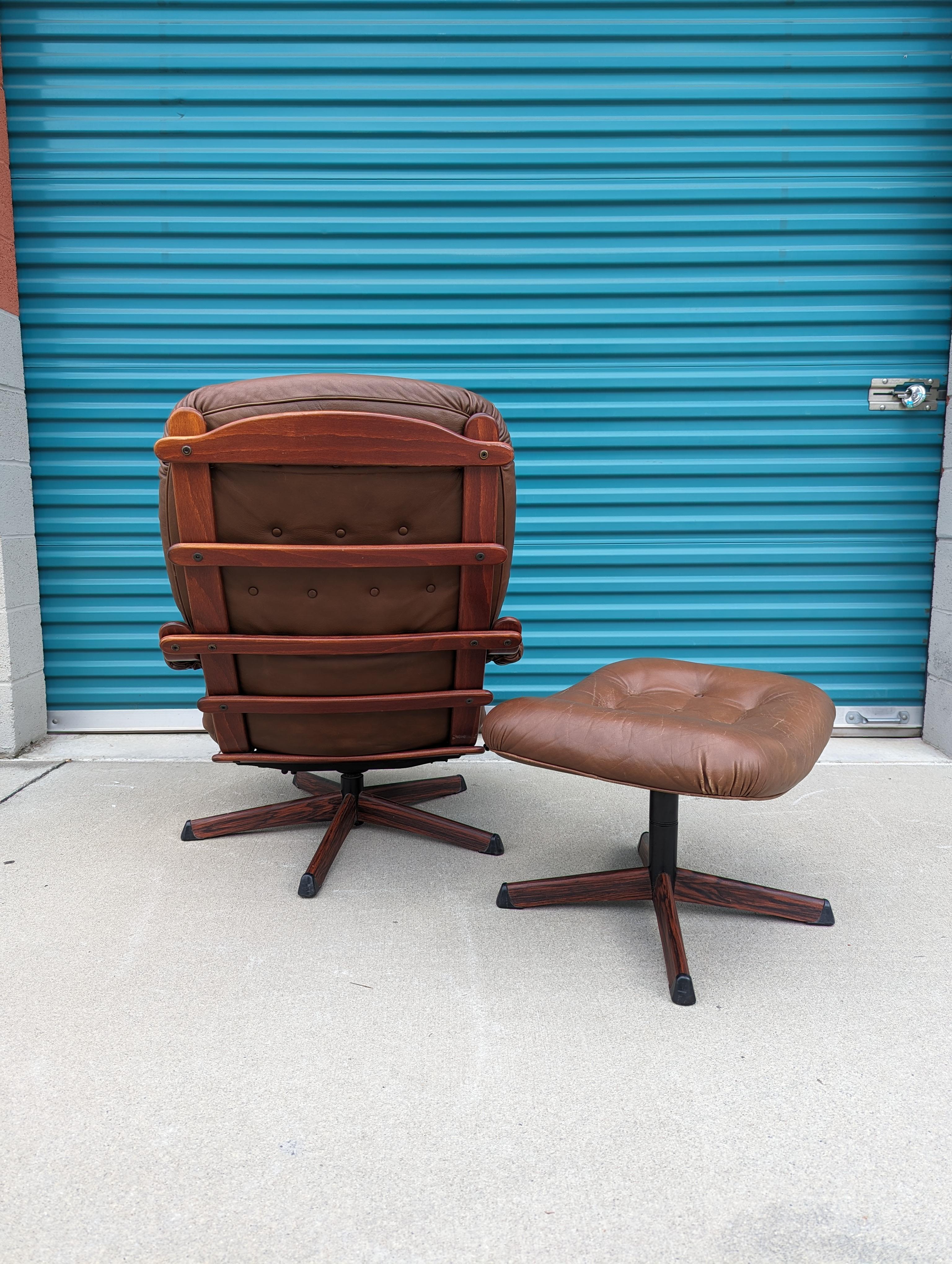 Swedish Mid Century Modern Leather Lounge Chairs w/ Ottoman by Göte Möbler, c1970s