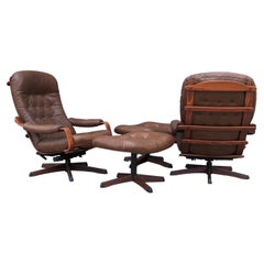 Vintage Mid Century Modern Leather Lounge Chairs w/ Ottoman by Göte Möbler, c1970s