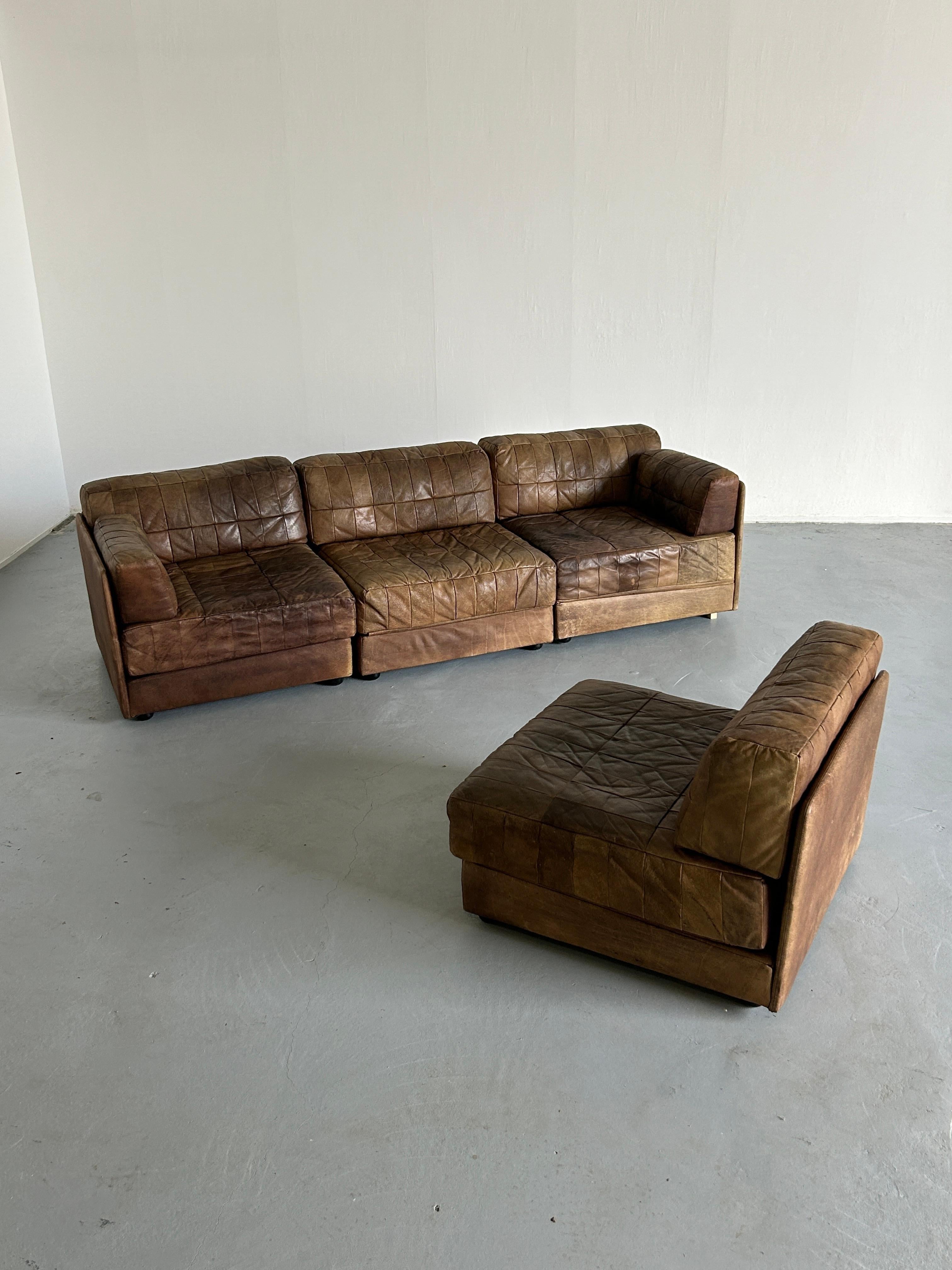 German Mid-Century-Modern Leather Modular Sofa in the style of De Sede Patchwork, 1970s