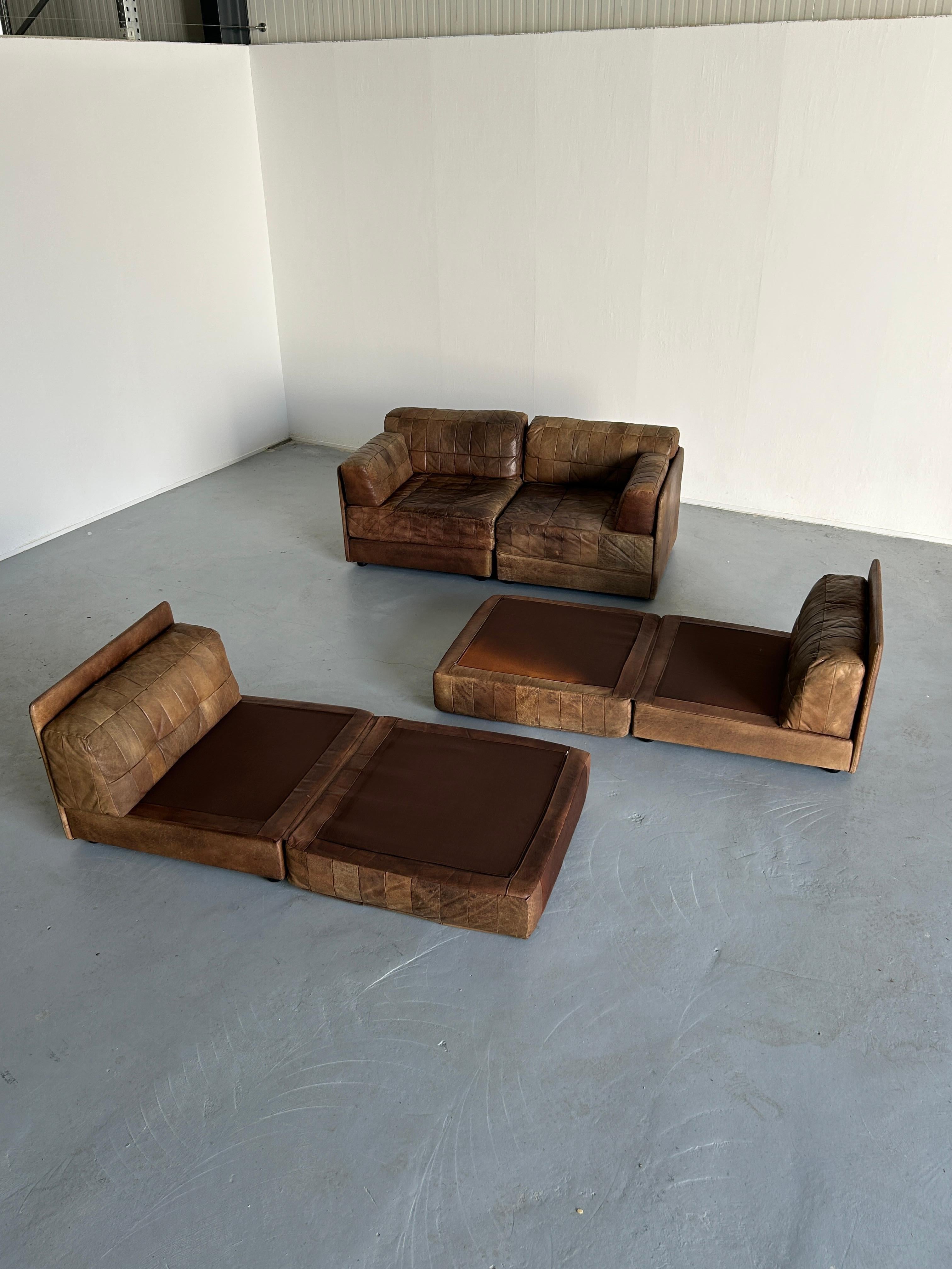 Mid-Century-Modern Leather Modular Sofa in the style of De Sede Patchwork, 1970s 1