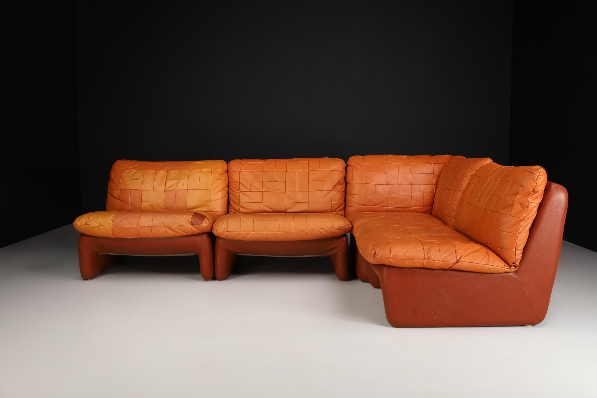 Swiss Mid-Century Modern Leather Patchwork Lounge Sofa/Living Room Set/4 1970s