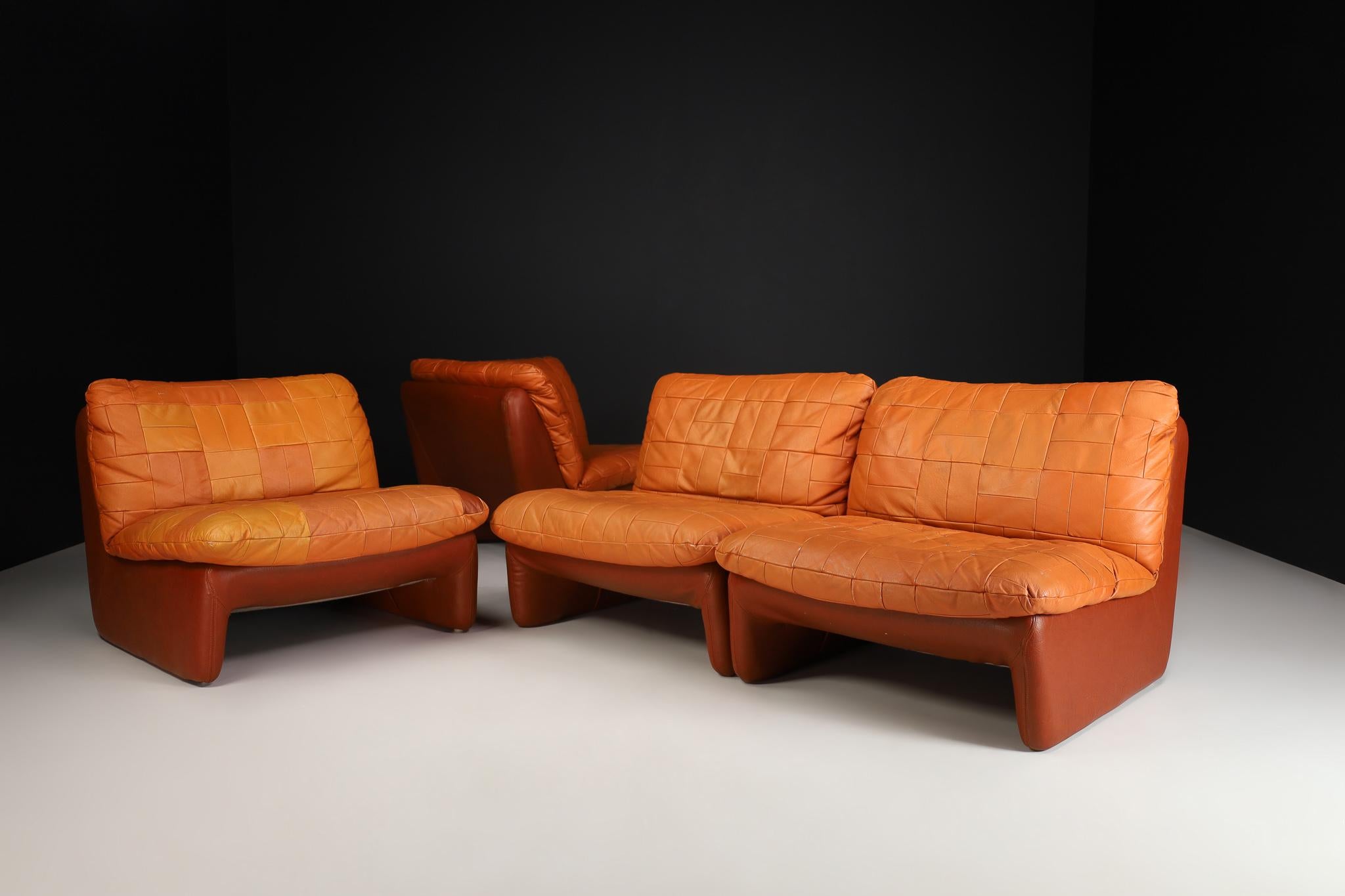 Mid-Century Modern Leather Patchwork Lounge Sofa/Living Room Set/4 1970s In Good Condition In Almelo, NL