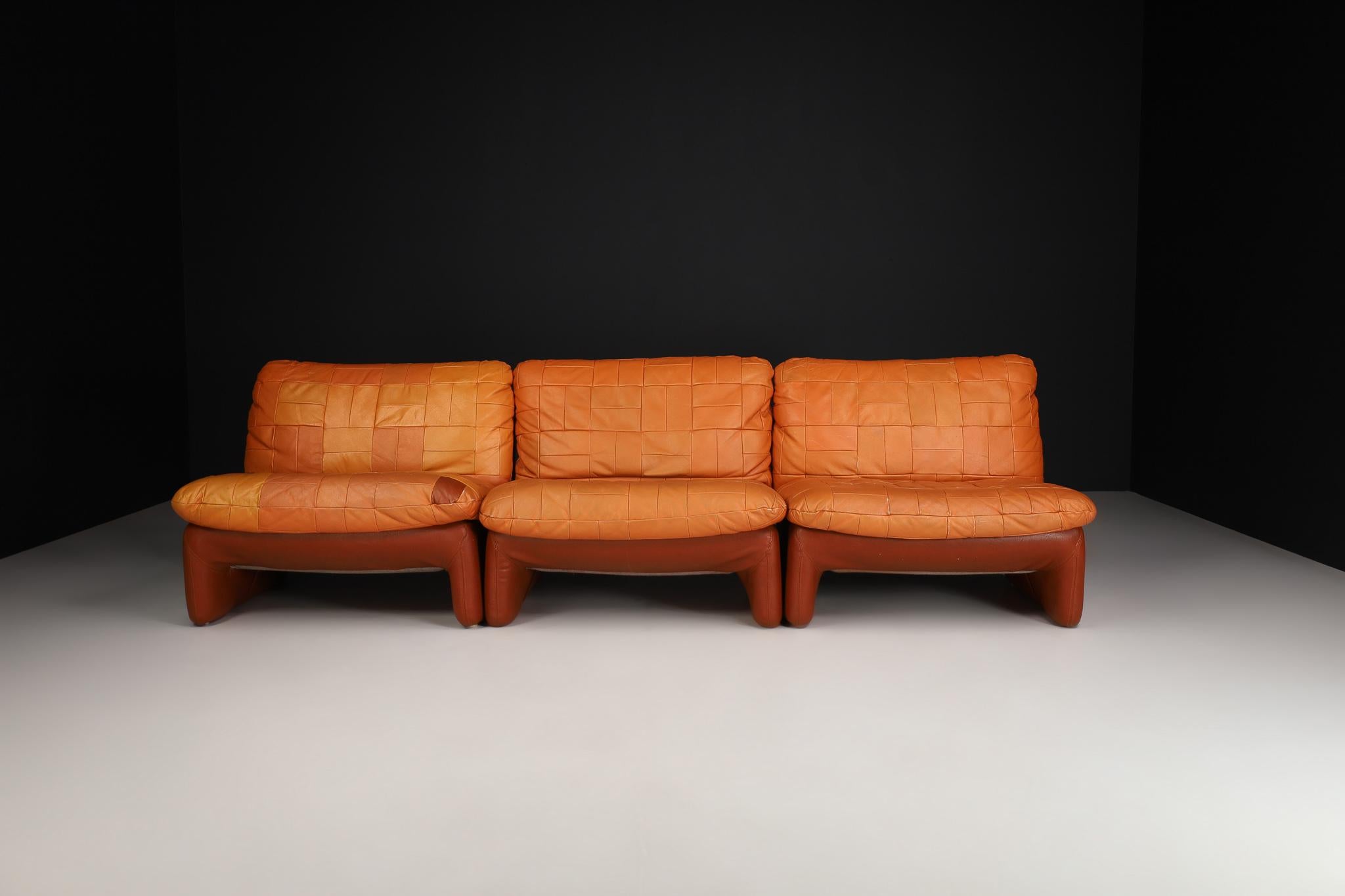 Mid-Century Modern Leather Patchwork Lounge Sofa/Living Room Set/4 1970s 1