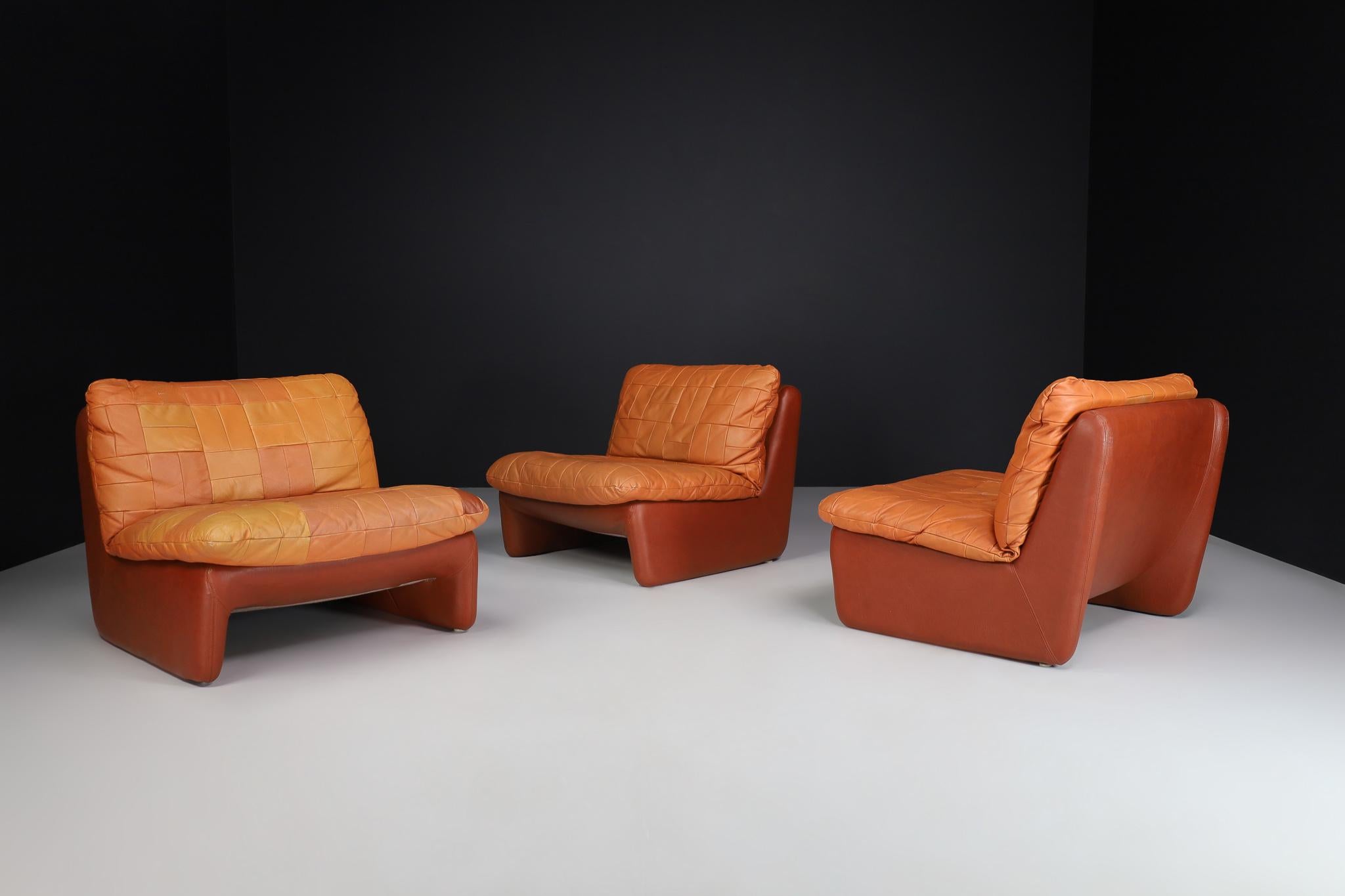Mid-Century Modern Leather Patchwork Lounge Sofa/Living Room Set/4 1970s 3