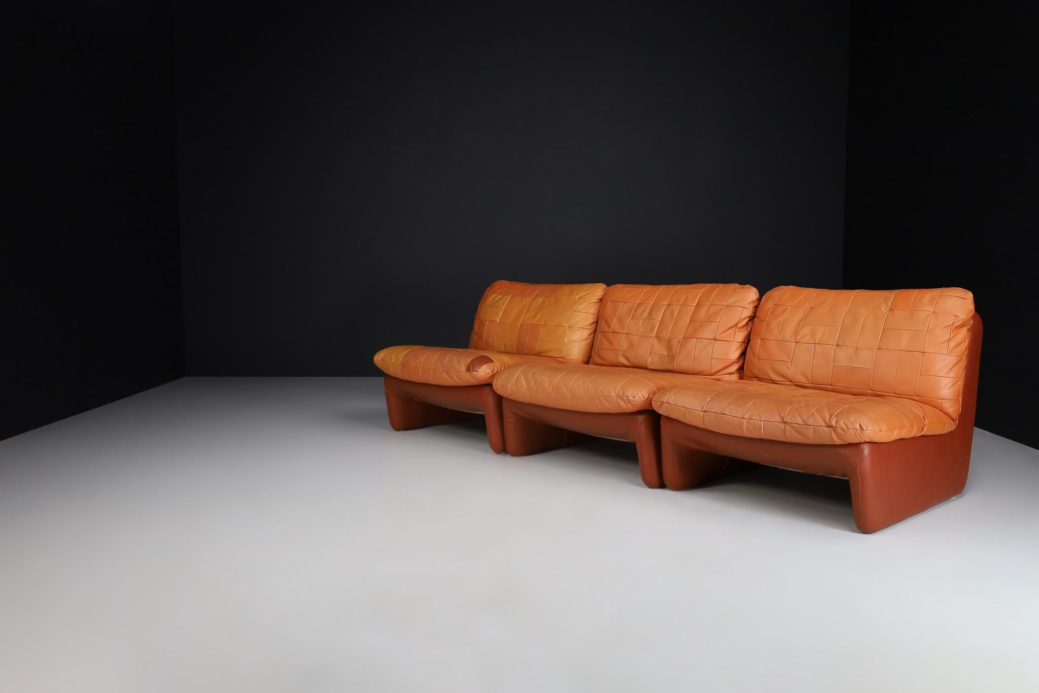 Mid-Century Modern Leather Patchwork Lounge Sofa/Living Room Set/4 1970s 4