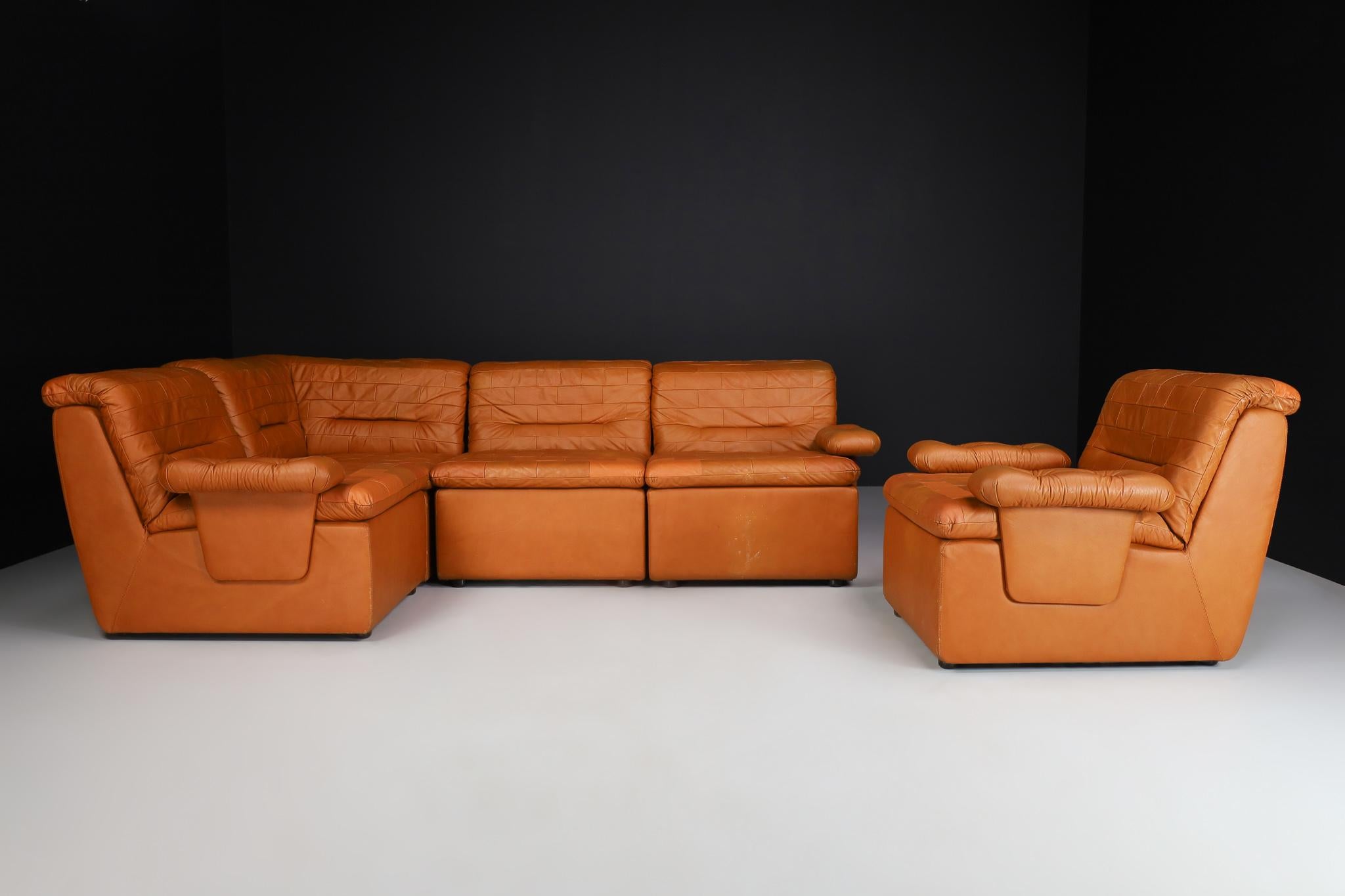 Swiss Mid-Century Modern Leather Patchwork Lounge Sofa/Living Room Set/5 1960s For Sale