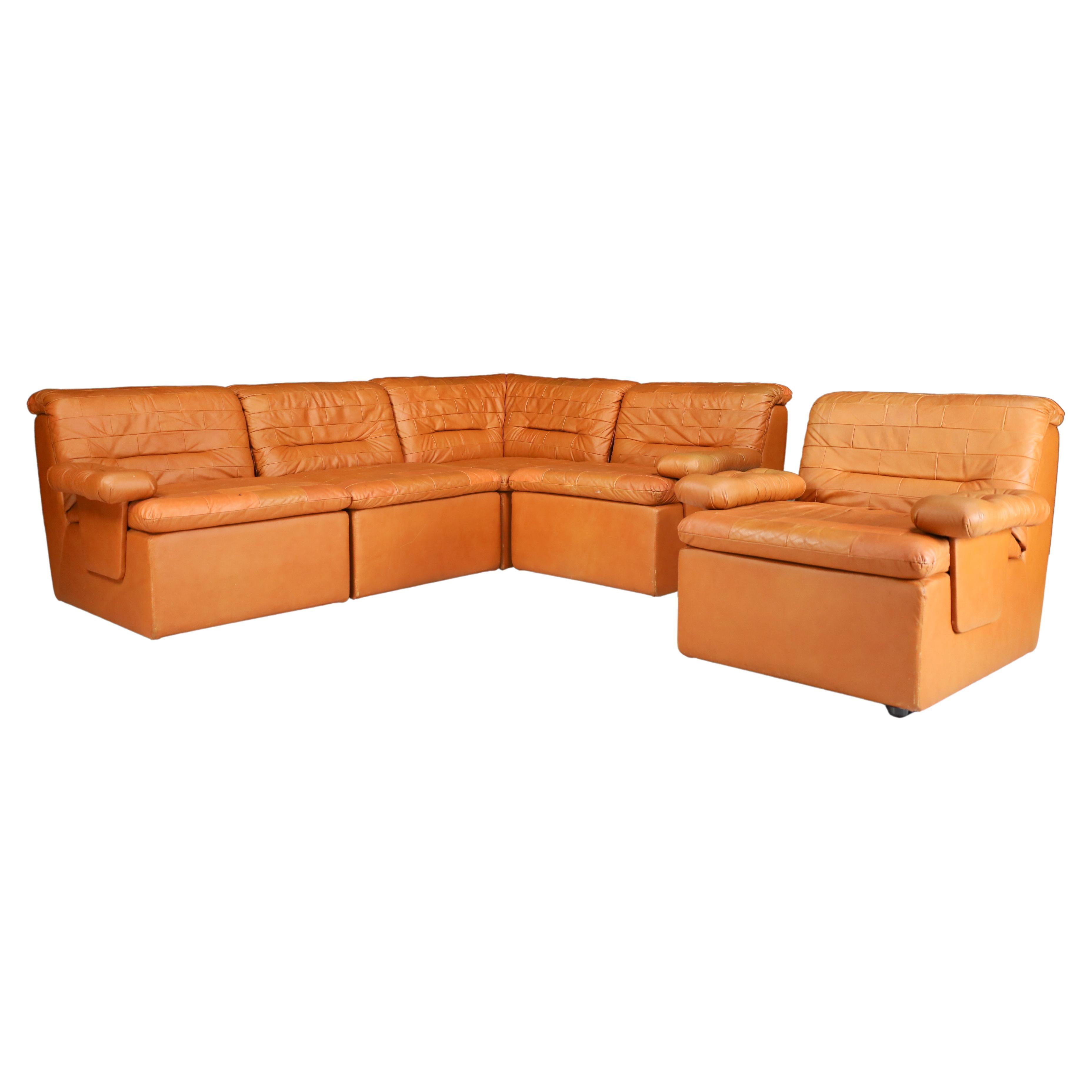 Mid-Century Modern Leather Patchwork Lounge Sofa/Living Room Set/5 1960s