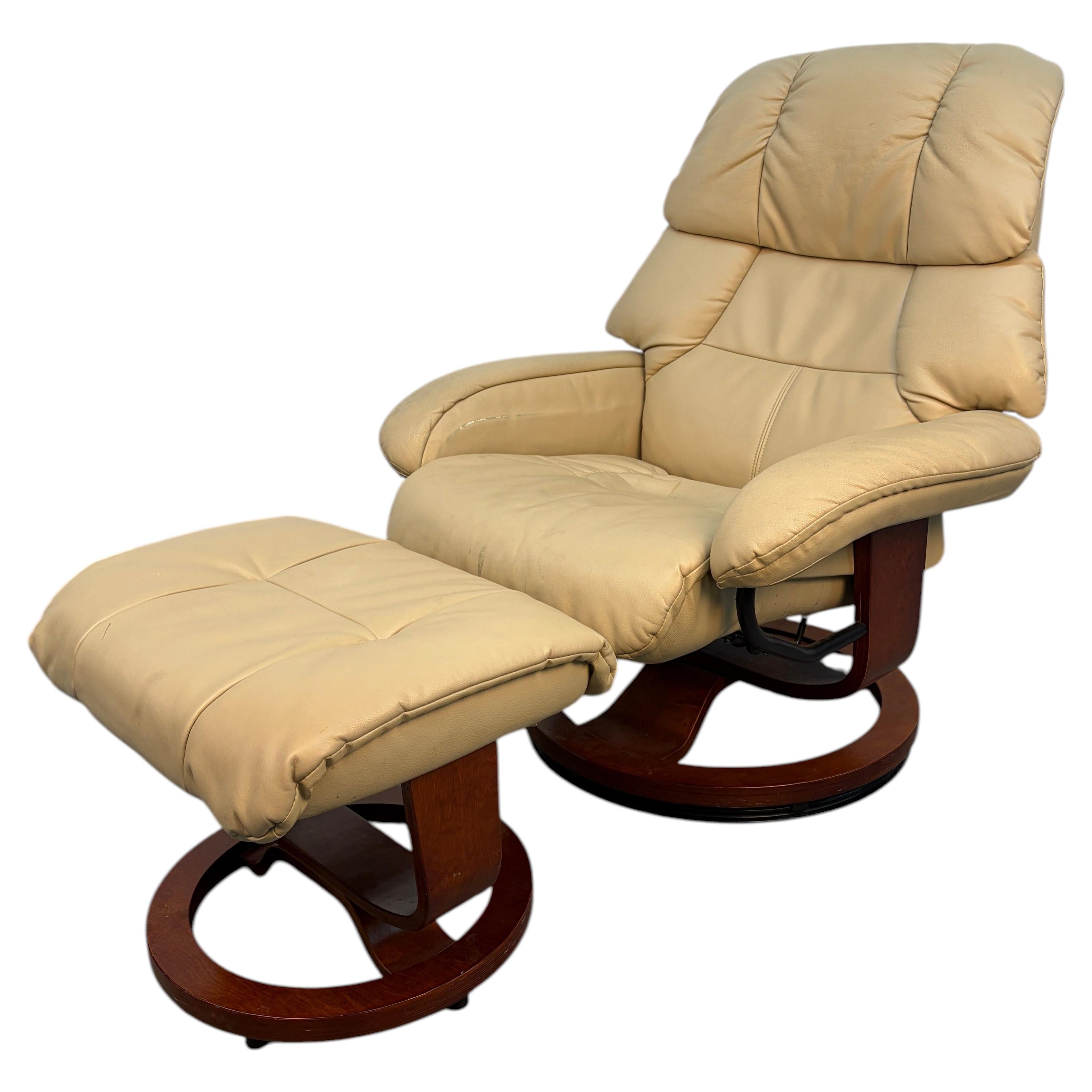 Mid-Century Modern Leather Reclining Lounge Chair & Ottoman