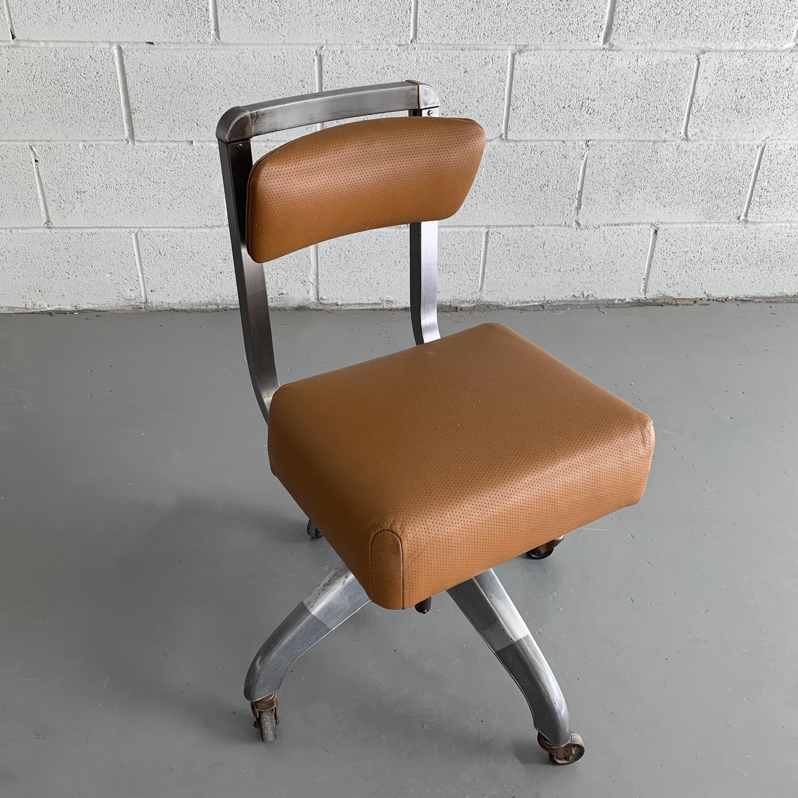 American Mid-Century Modern Leather Rolling Office Desk Chair by DoMore