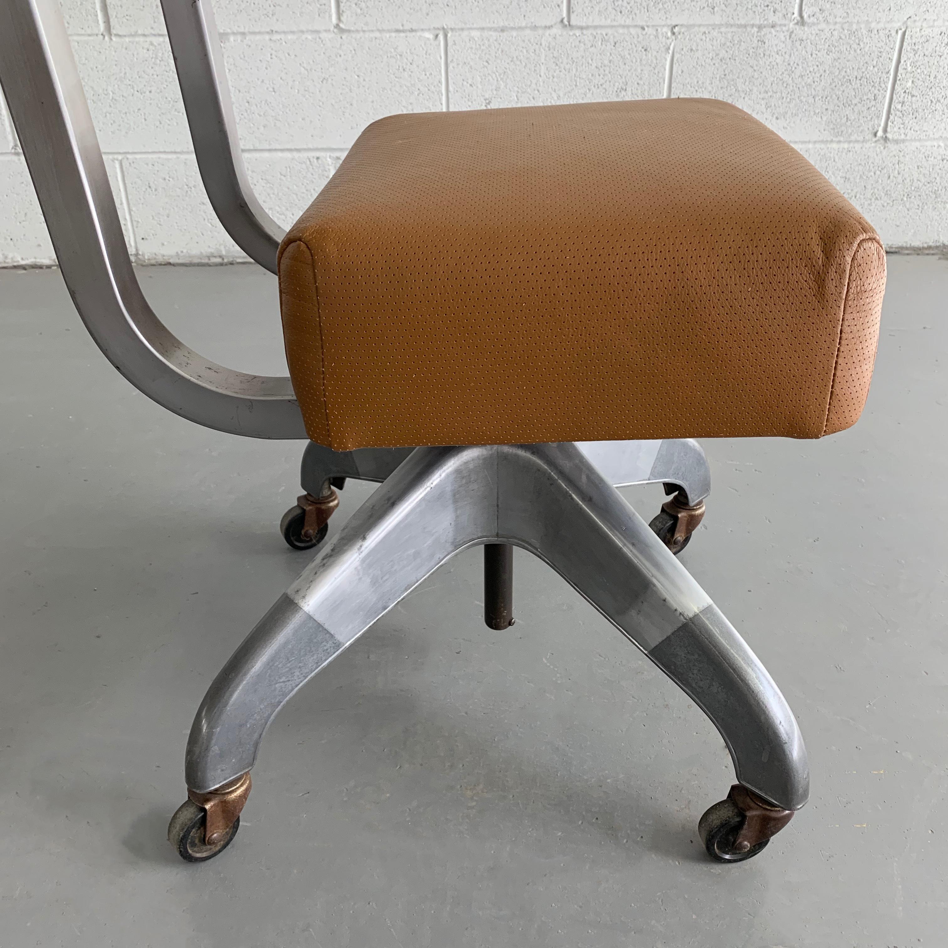 Aluminum Mid-Century Modern Leather Rolling Office Desk Chair by DoMore