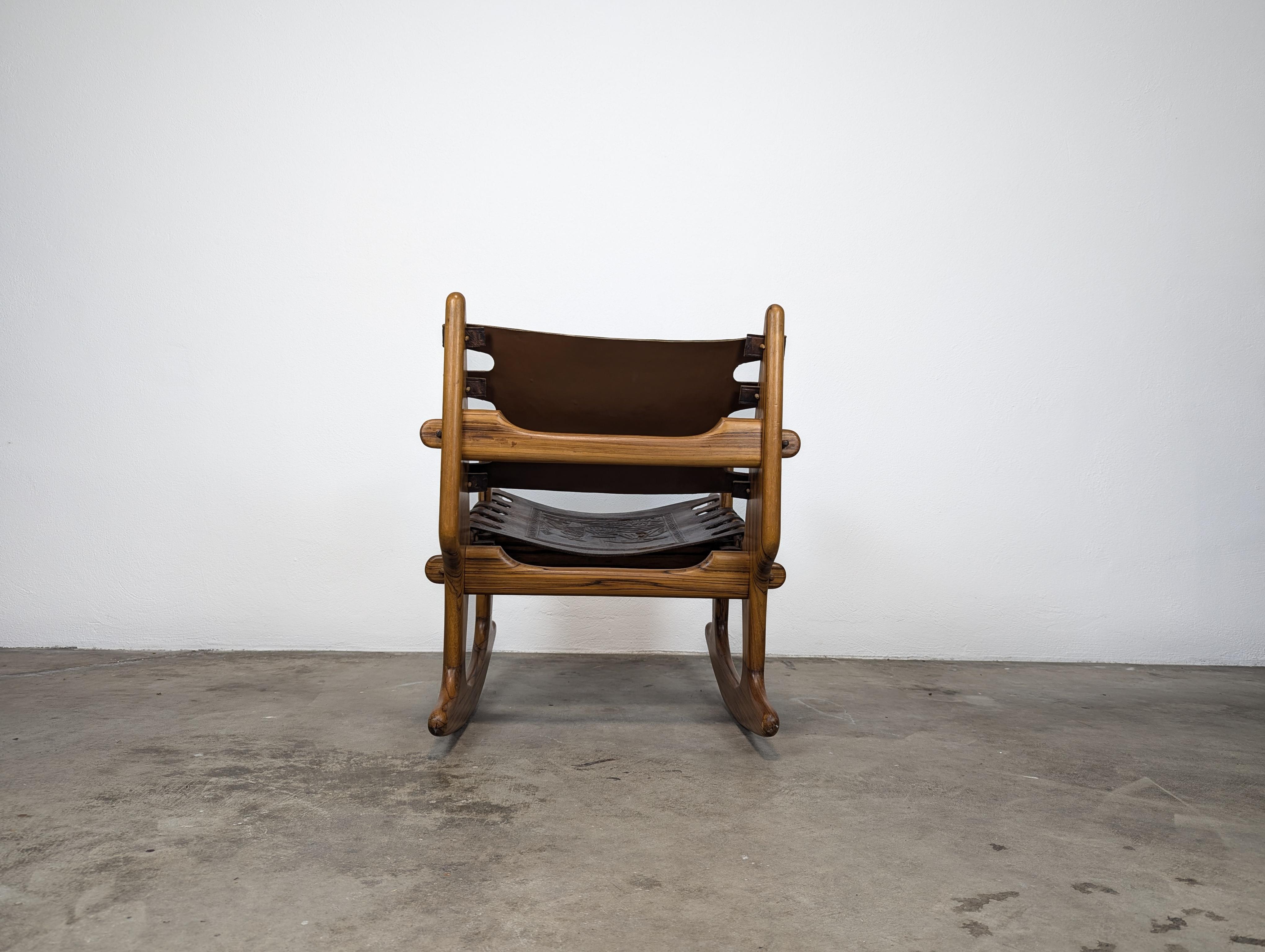 Mid Century Modern Leather & Rosewood Rocking Chair by Angel Pazmino, c1960s For Sale 4
