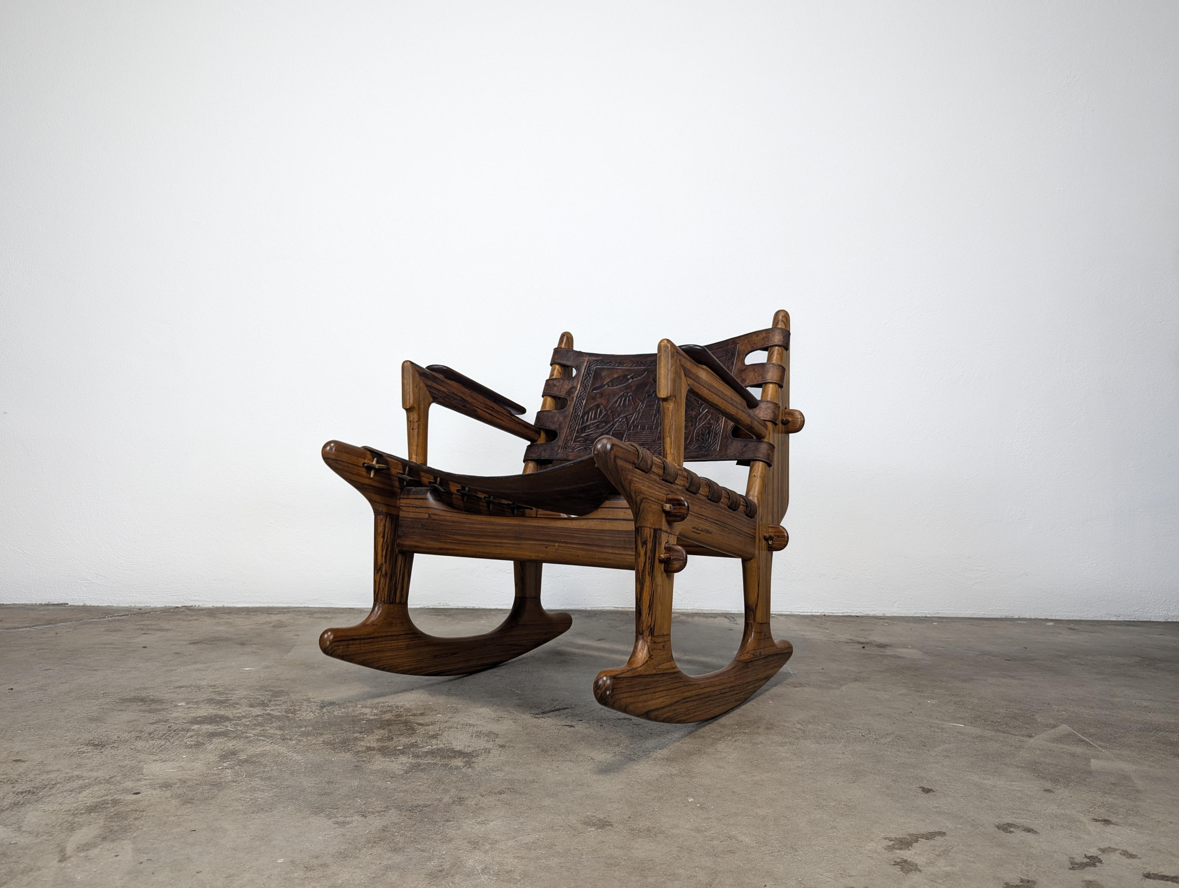 Mid Century Modern Leather & Rosewood Rocking Chair by Angel Pazmino, c1960s For Sale 5