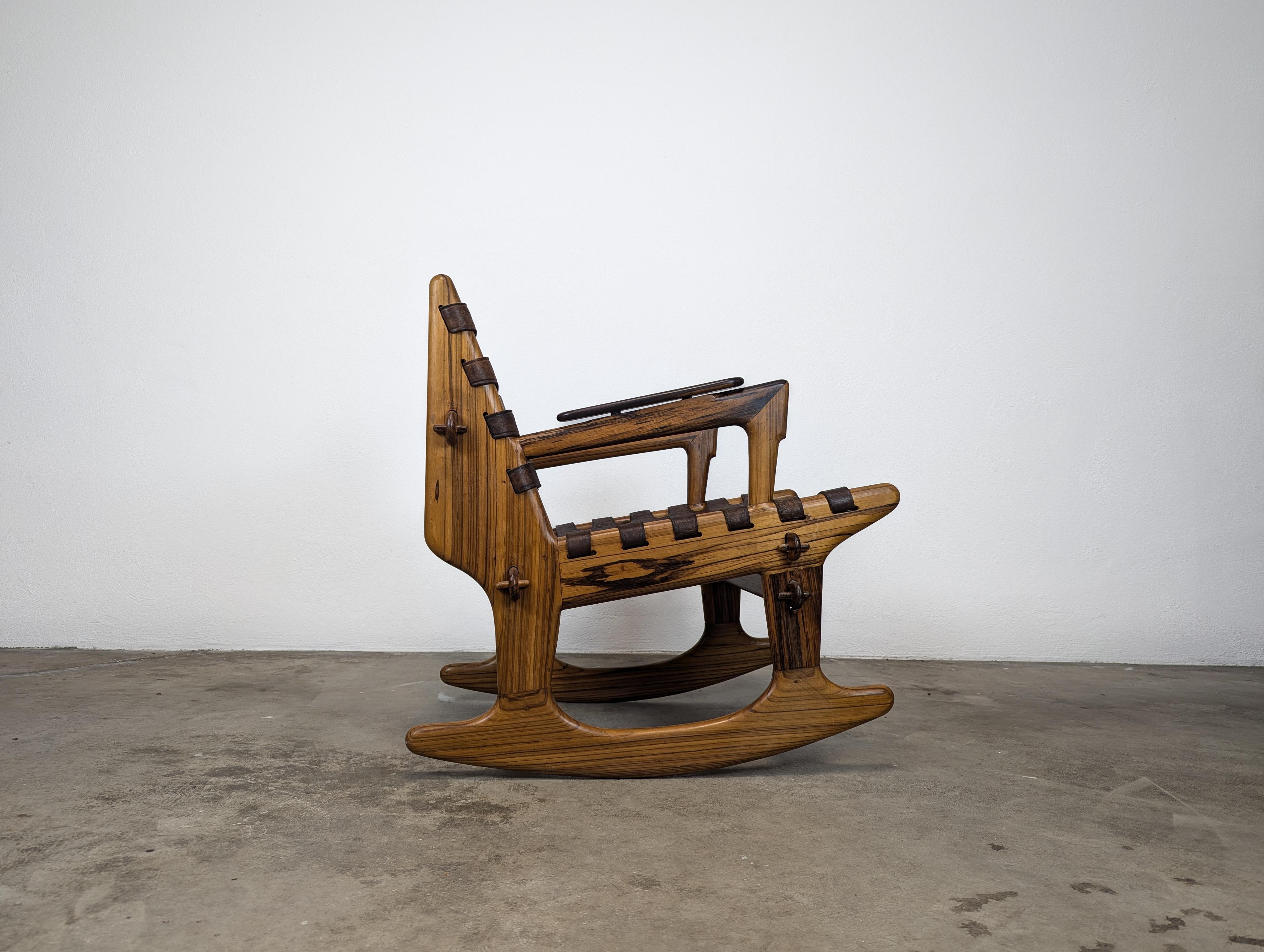 Mid Century Modern Leather & Rosewood Rocking Chair by Angel Pazmino, c1960s For Sale 6