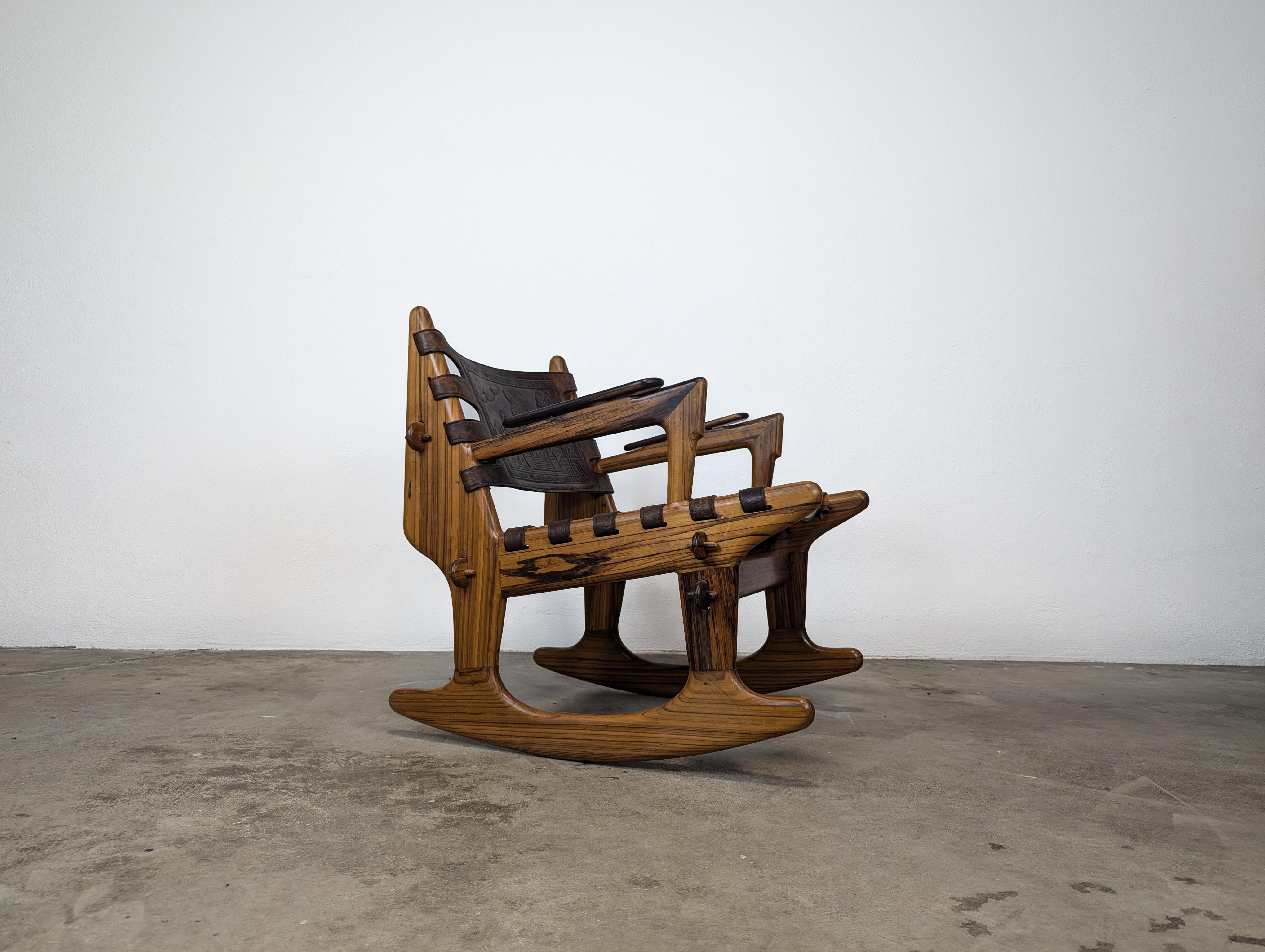 Mid Century Modern Leather & Rosewood Rocking Chair by Angel Pazmino, c1960s For Sale 7