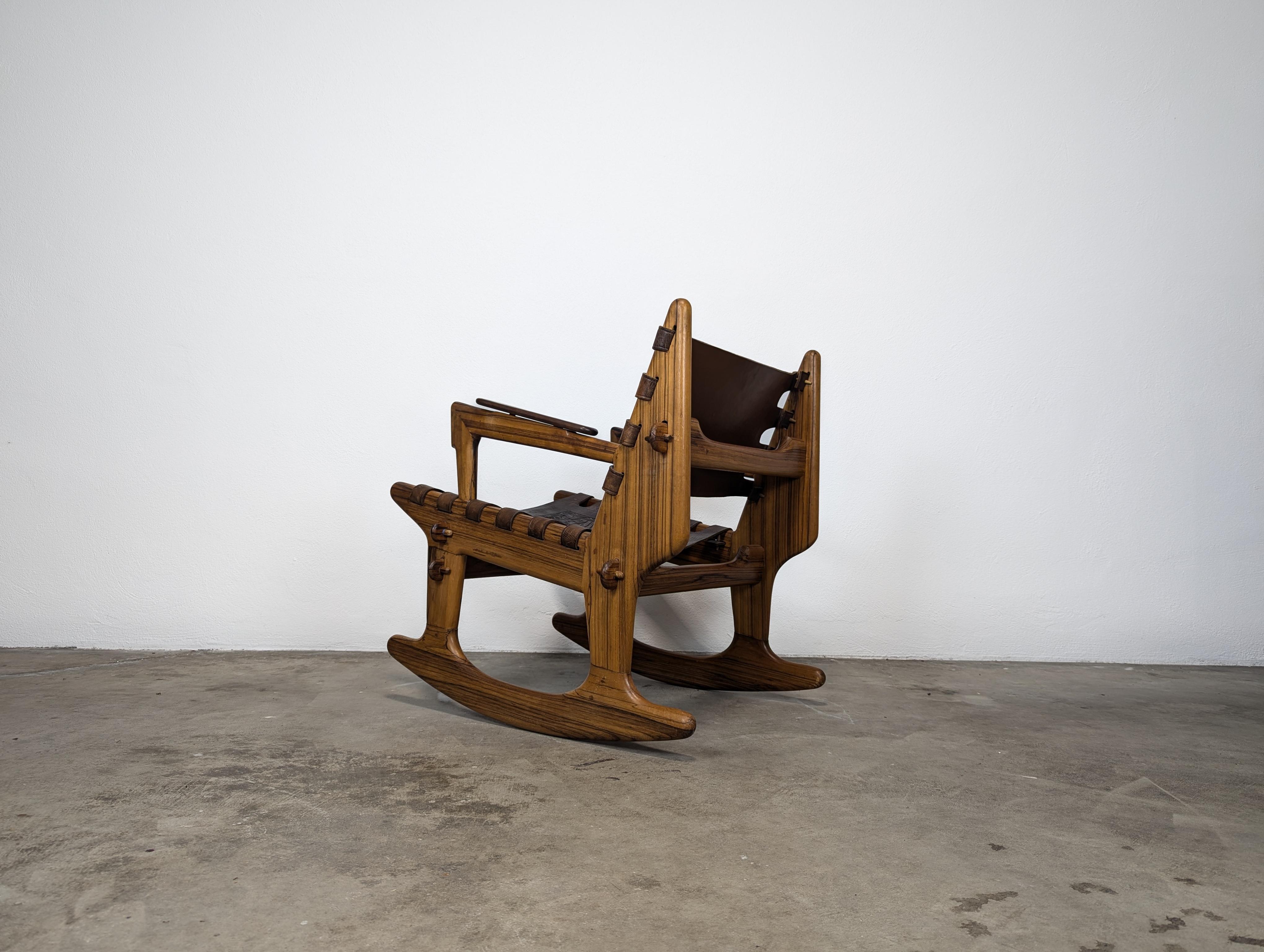 Mid Century Modern Leather & Rosewood Rocking Chair by Angel Pazmino, c1960s For Sale 8
