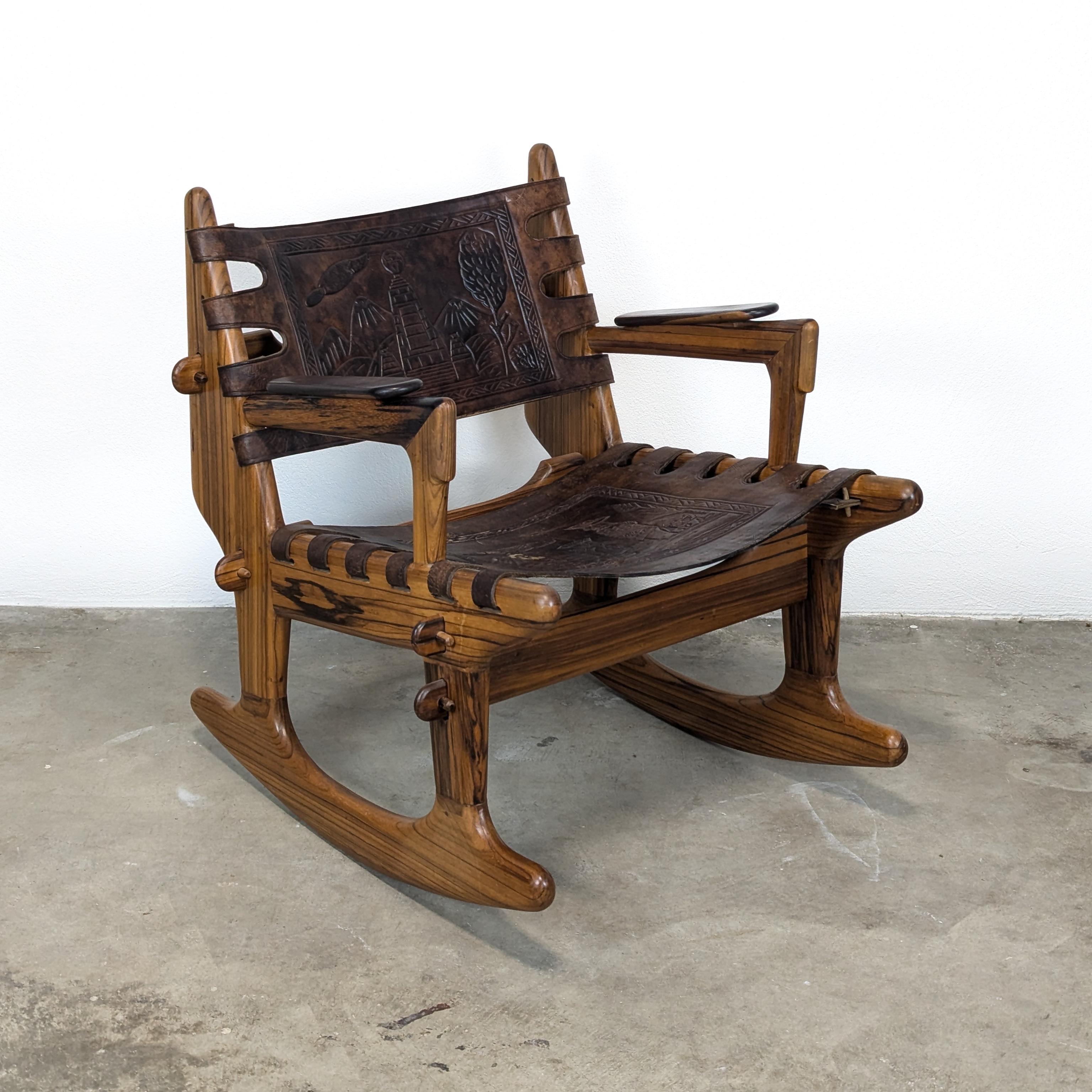 Ecuadorean Mid Century Modern Leather & Rosewood Rocking Chair by Angel Pazmino, c1960s For Sale