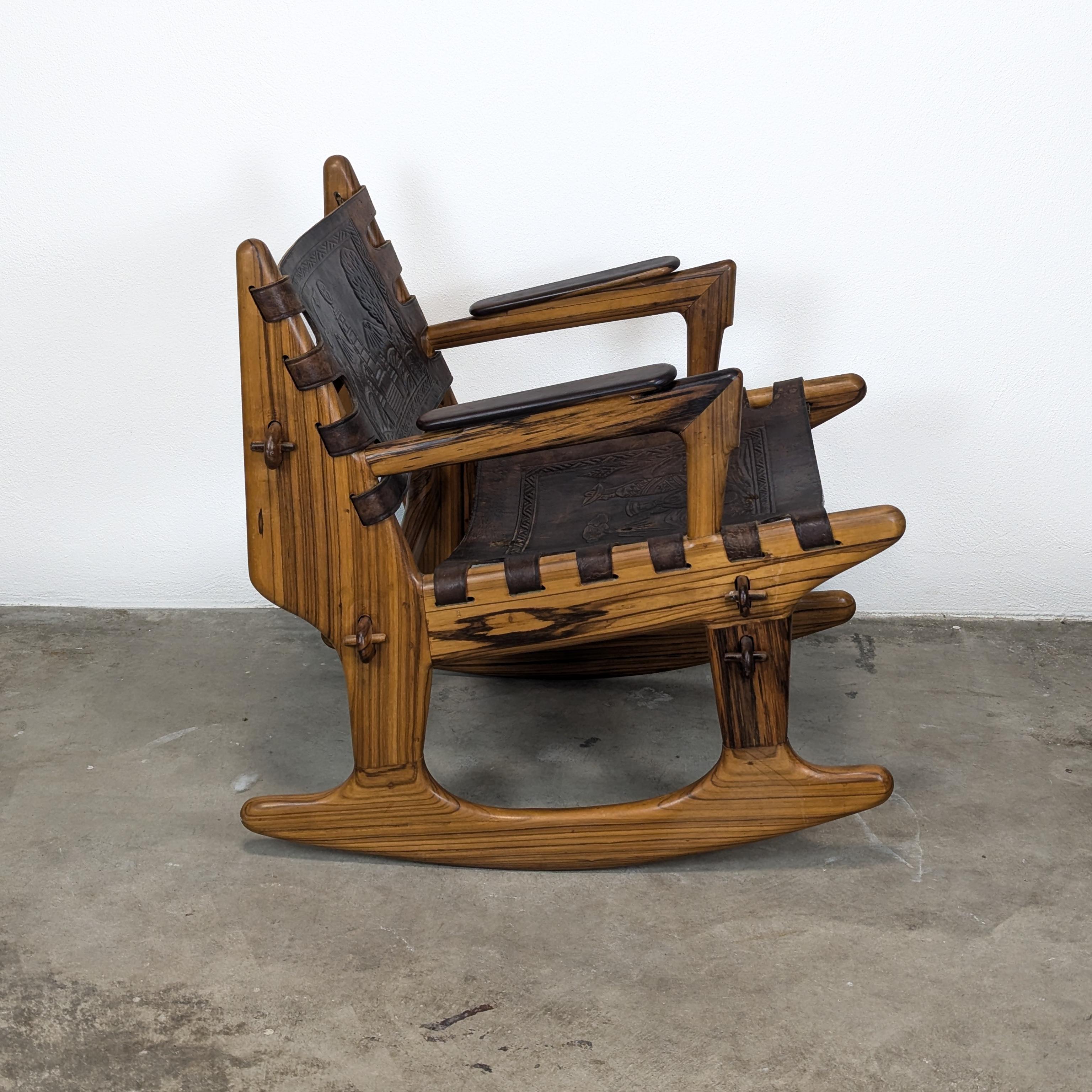 Mid Century Modern Leather & Rosewood Rocking Chair by Angel Pazmino, c1960s In Good Condition For Sale In Chino Hills, CA
