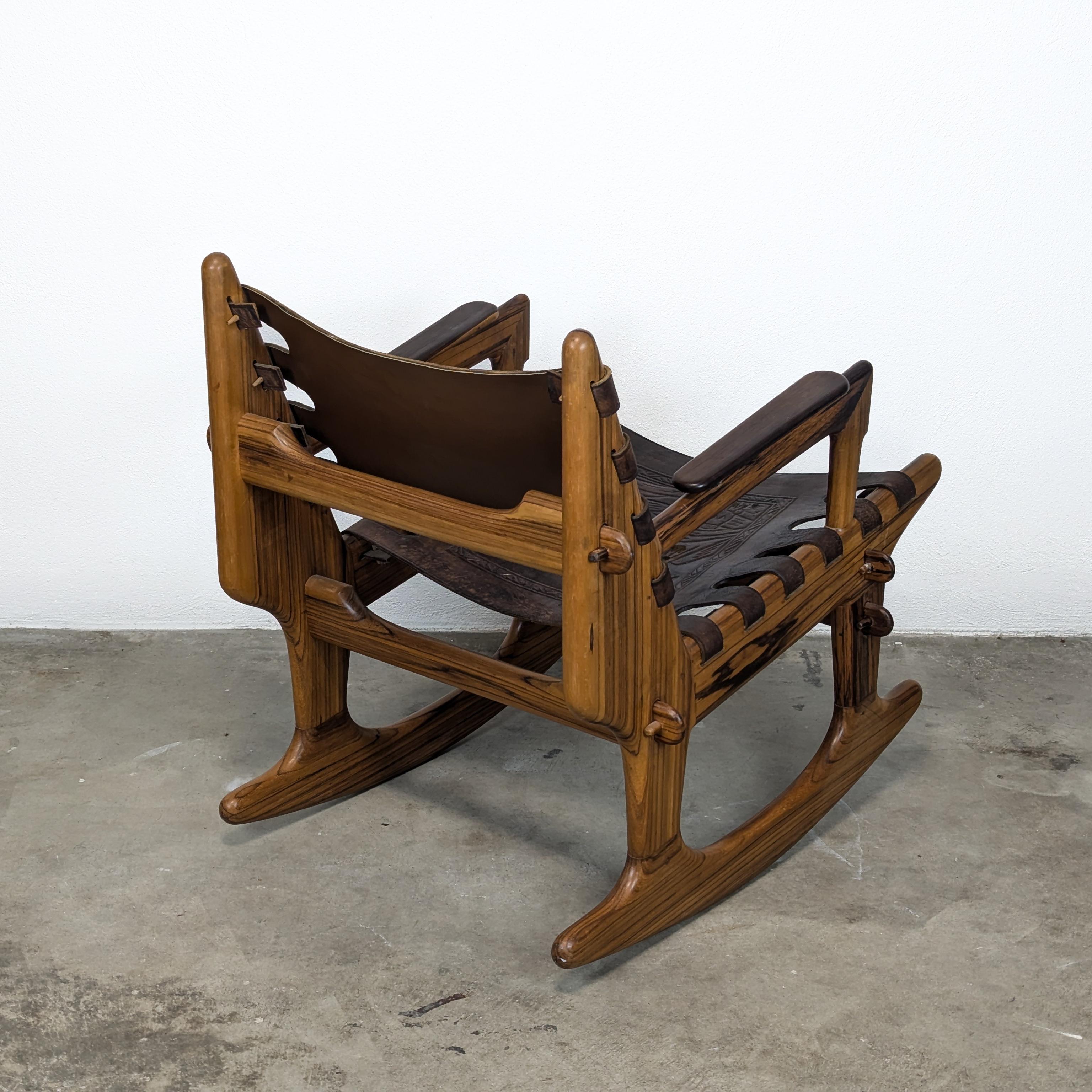 Mid-20th Century Mid Century Modern Leather & Rosewood Rocking Chair by Angel Pazmino, c1960s For Sale