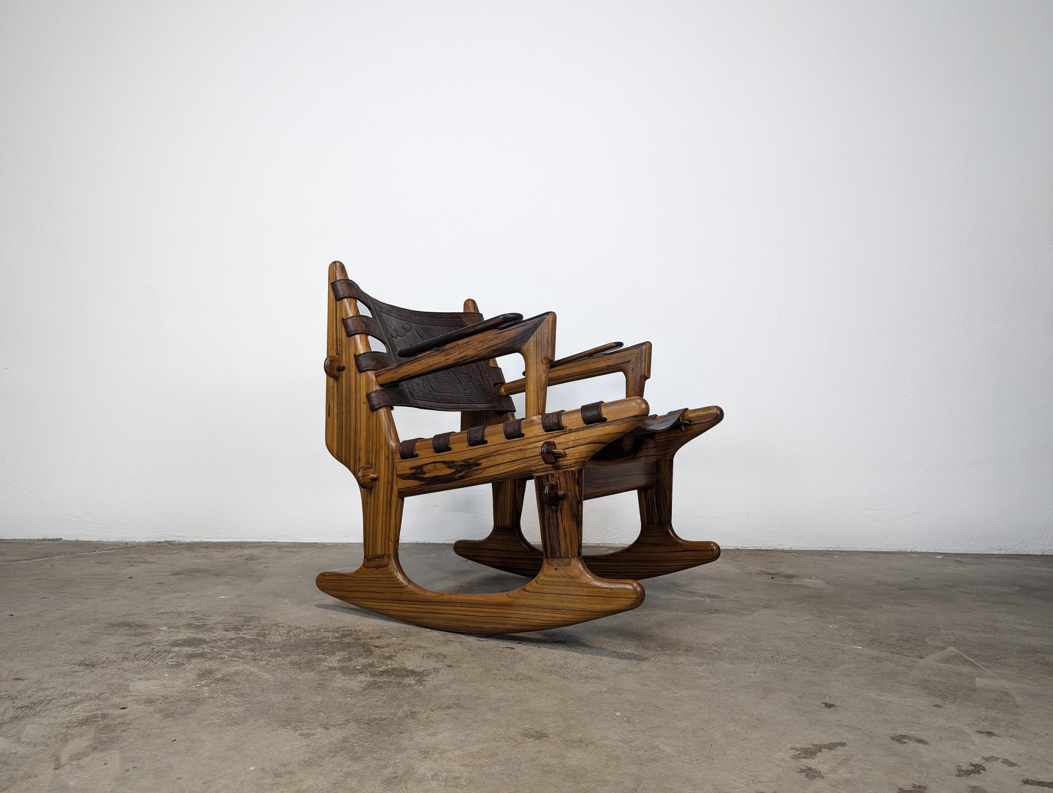 Mid Century Modern Leather & Rosewood Rocking Chair by Angel Pazmino, c1960s For Sale 2